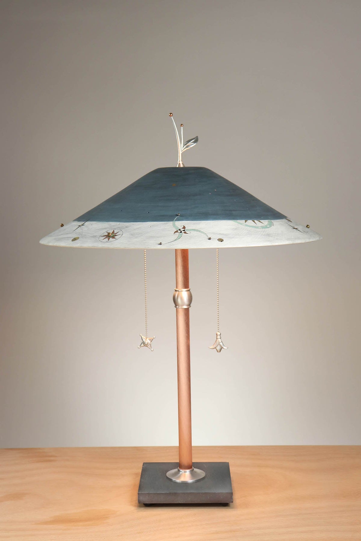 Janna Ugone &amp; Co Table Lamps Copper Table Lamp with Large Wide Conical Ceramic Shade in Medallion Indigo with Beads