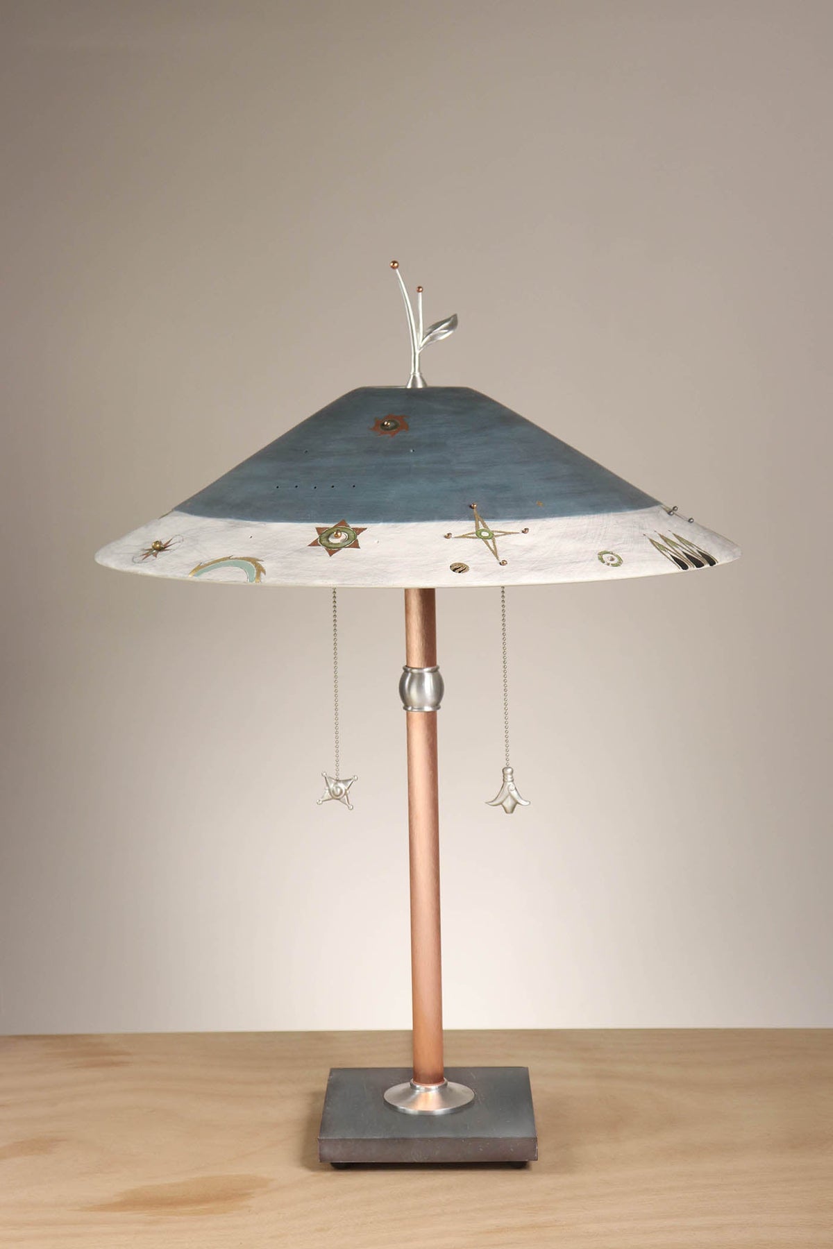 Janna Ugone &amp; Co Table Lamps Copper Table Lamp with Large Wide Conical Ceramic Shade in Medallion Indigo with Beads