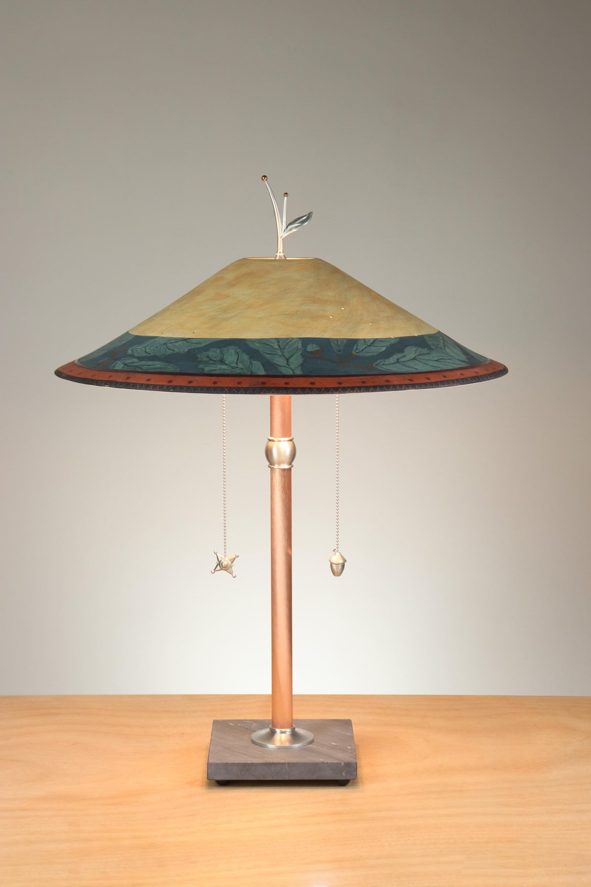 Janna Ugone &amp; Co Table Lamps Copper Table Lamp with Large Wide Conical Ceramic Shade in Oak Border in Indigo &amp; Amber