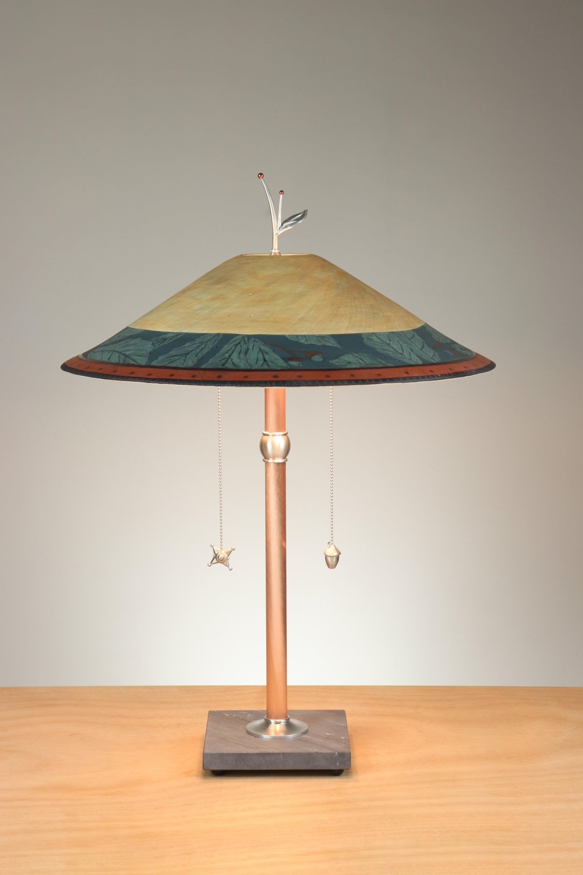 Janna Ugone &amp; Co Table Lamps Copper Table Lamp with Large Wide Conical Ceramic Shade in Oak Border in Indigo &amp; Amber