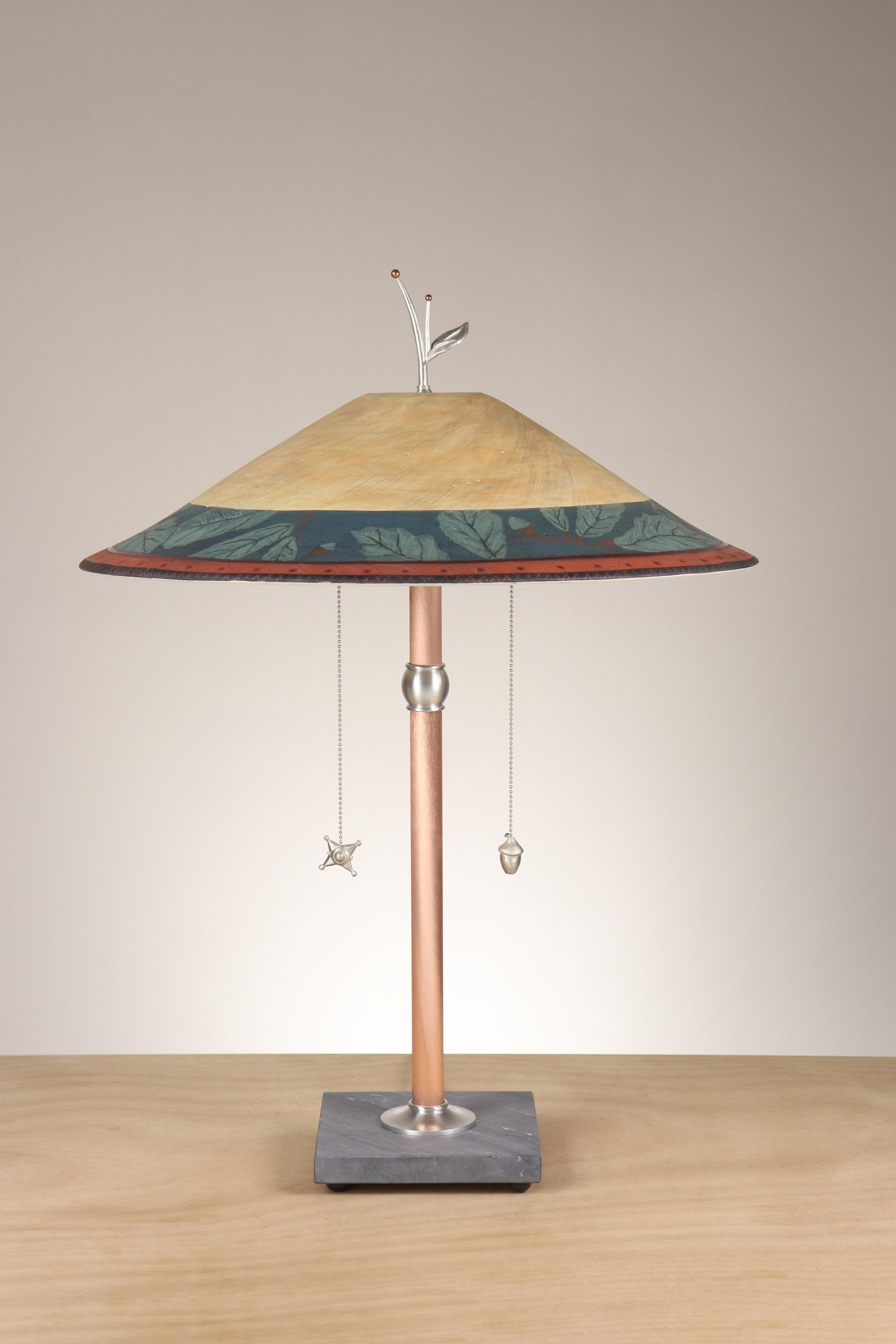 Janna Ugone & Co Table Lamps Copper Table Lamp with Large Wide Conical Ceramic Shade in Oak Border in Indigo & Amber