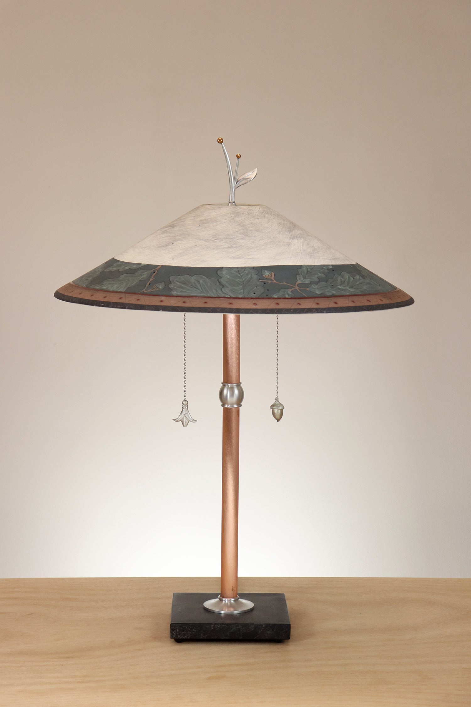 Janna Ugone & Co Table Lamps Copper Table Lamp with Large Wide Conical Ceramic Shade in Oak Border in Indigo and Ash