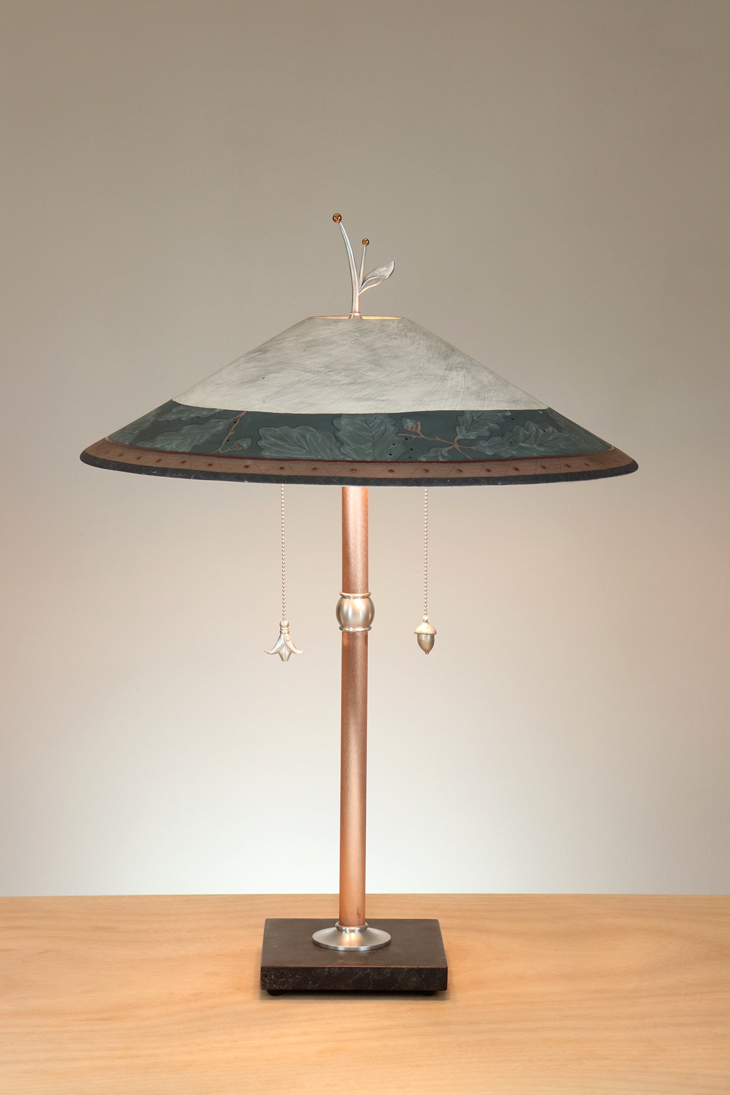 Janna Ugone & Co Table Lamps Copper Table Lamp with Large Wide Conical Ceramic Shade in Oak Border in Indigo and Ash