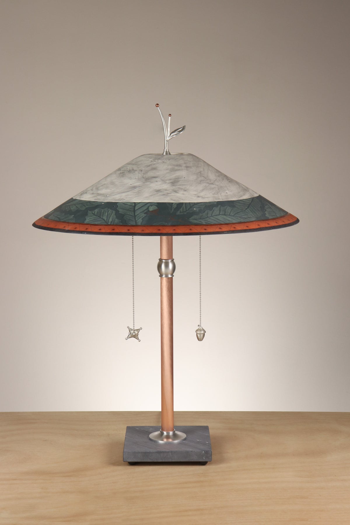 Janna Ugone &amp; Co Table Lamps Copper Table Lamp with Large Wide Conical Ceramic Shade in Oak Border in Indigo &amp; Ash