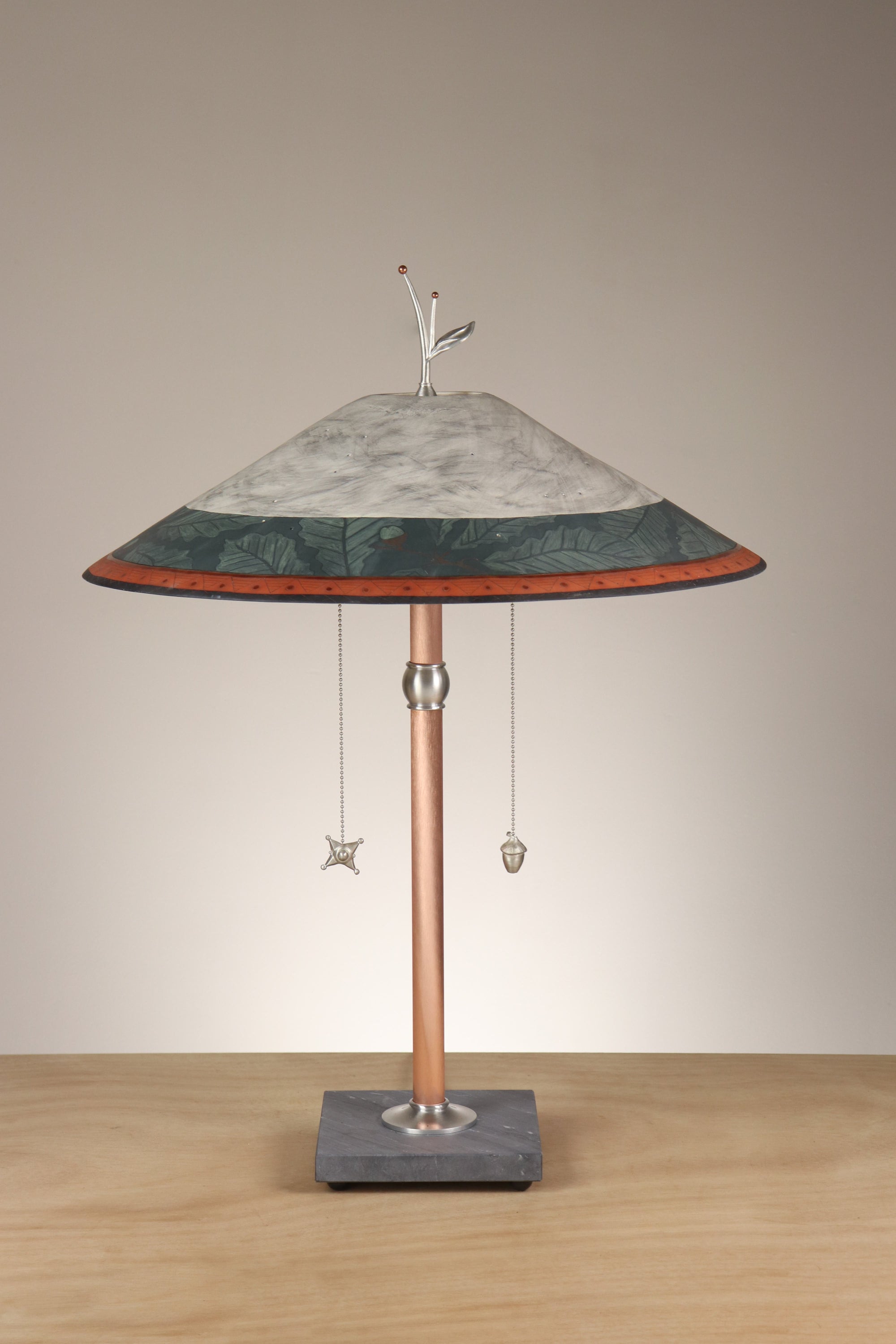 Janna Ugone & Co Table Lamps Copper Table Lamp with Large Wide Conical Ceramic Shade in Oak Border in Indigo & Ash