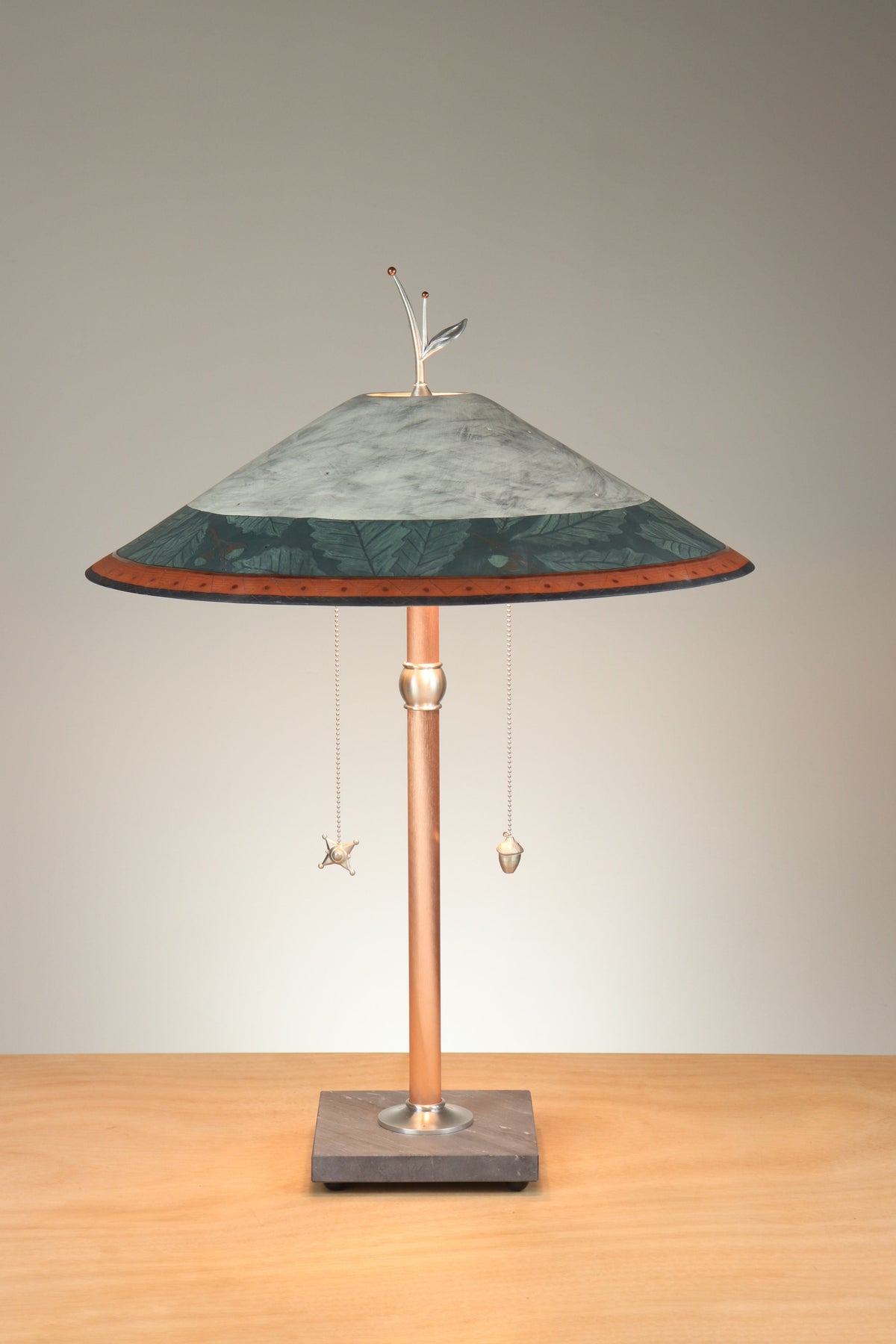 Janna Ugone &amp; Co Table Lamps Copper Table Lamp with Large Wide Conical Ceramic Shade in Oak Border in Indigo &amp; Ash