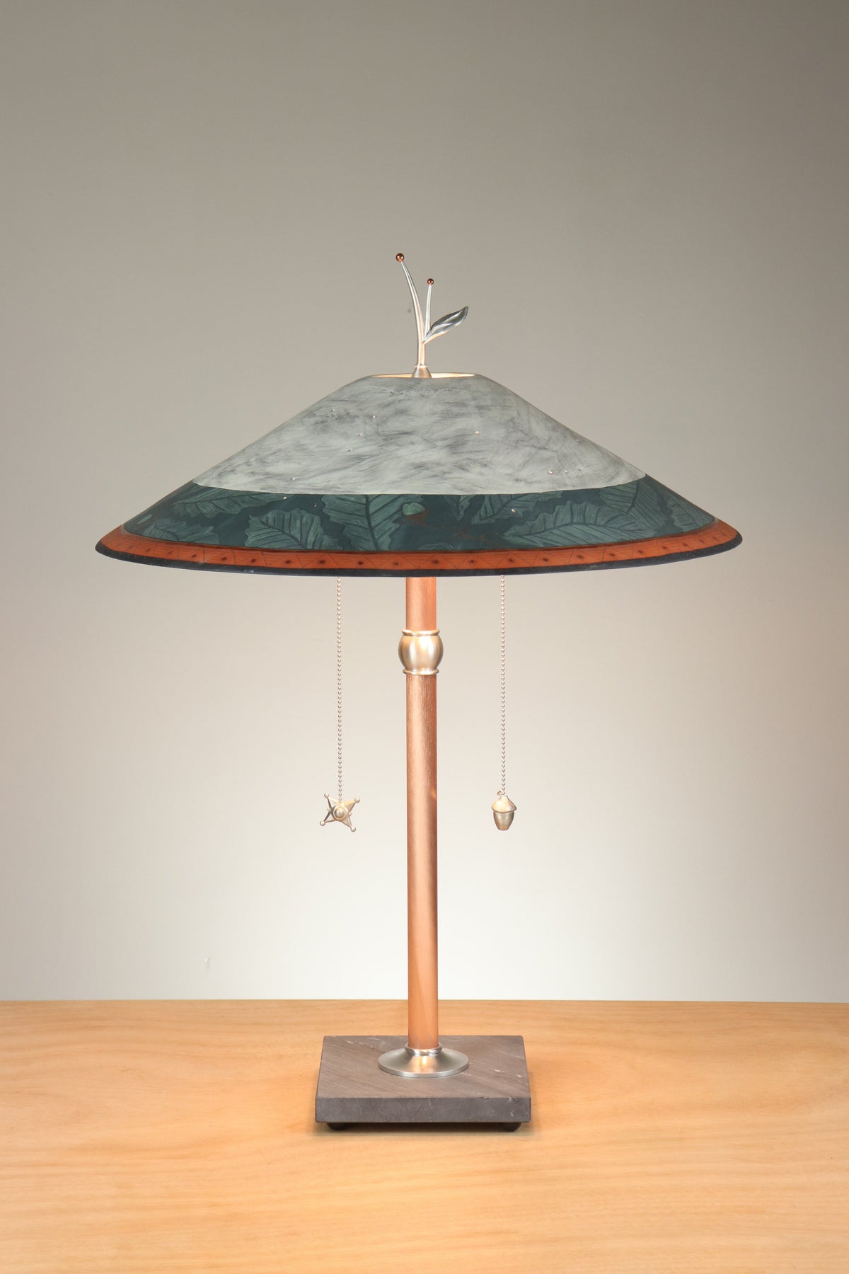 Janna Ugone &amp; Co Table Lamps Copper Table Lamp with Large Wide Conical Ceramic Shade in Oak Border in Indigo &amp; Ash