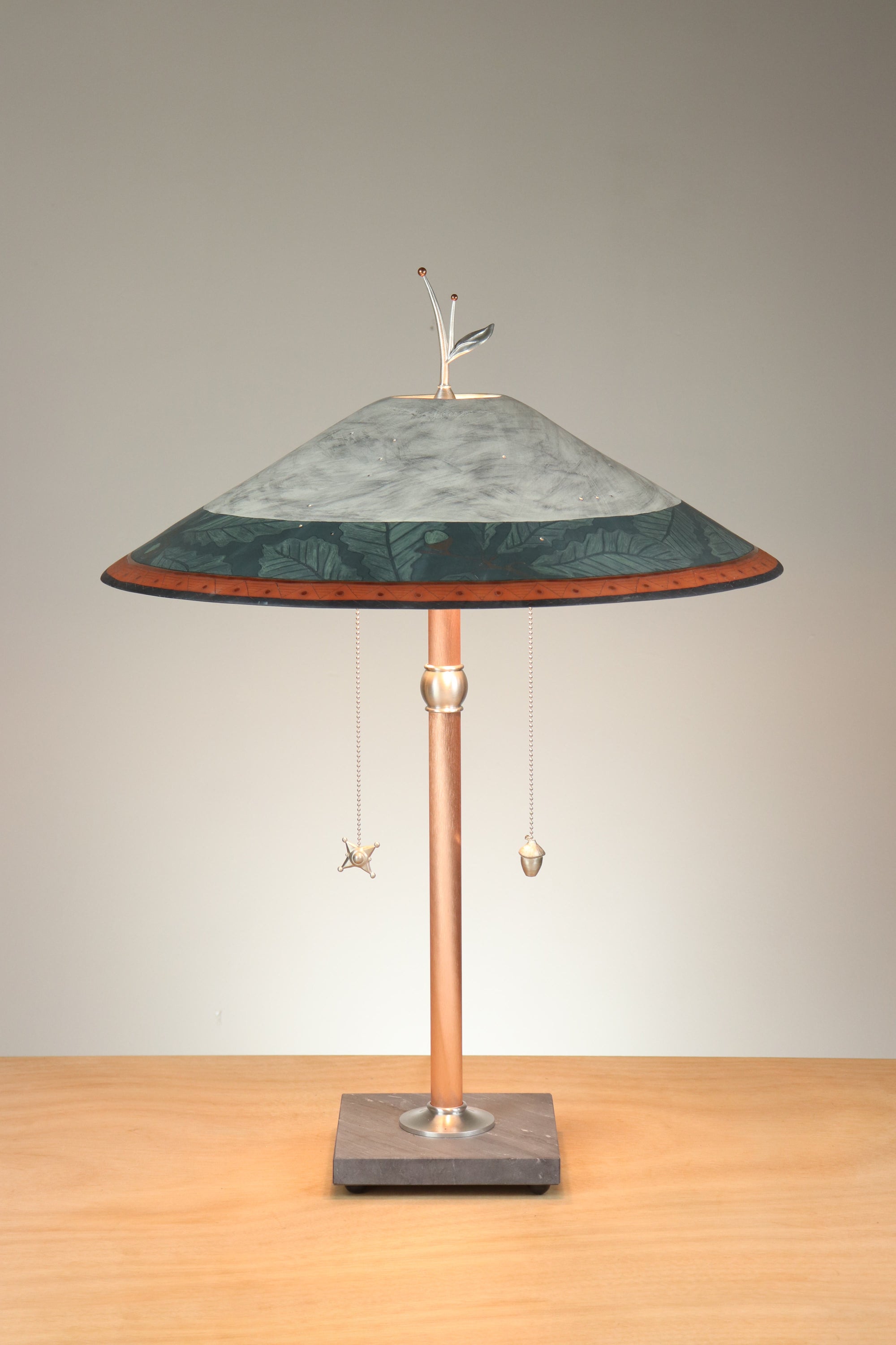 Janna Ugone & Co Table Lamps Copper Table Lamp with Large Wide Conical Ceramic Shade in Oak Border in Indigo & Ash