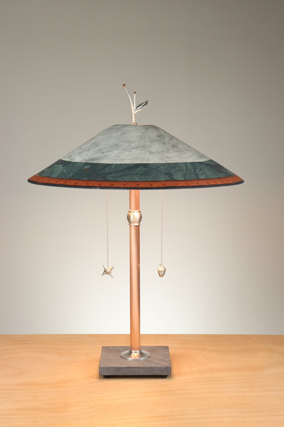 Janna Ugone &amp; Co Table Lamps Copper Table Lamp with Large Wide Conical Ceramic Shade in Oak Border in Indigo &amp; Ash