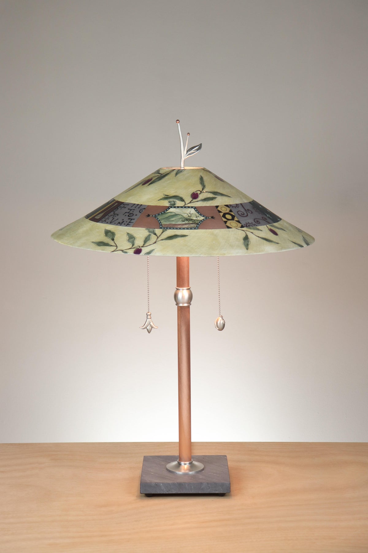 Janna Ugone &amp; Co Table Lamps Copper Table Lamp with Large Wide Conical Ceramic Shade in Olive Branch in Amber