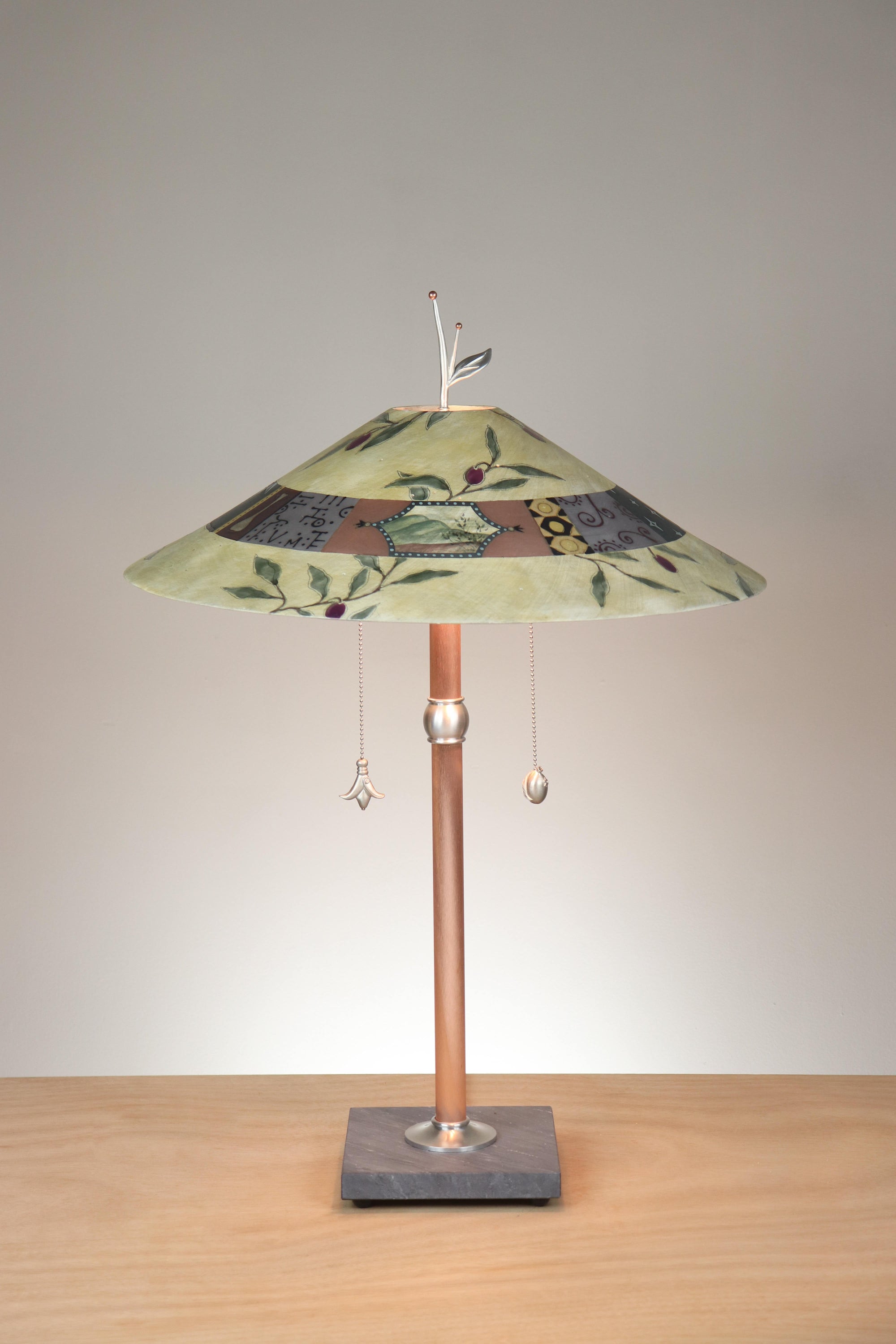 Janna Ugone & Co Table Lamps Copper Table Lamp with Large Wide Conical Ceramic Shade in Olive Branch in Amber