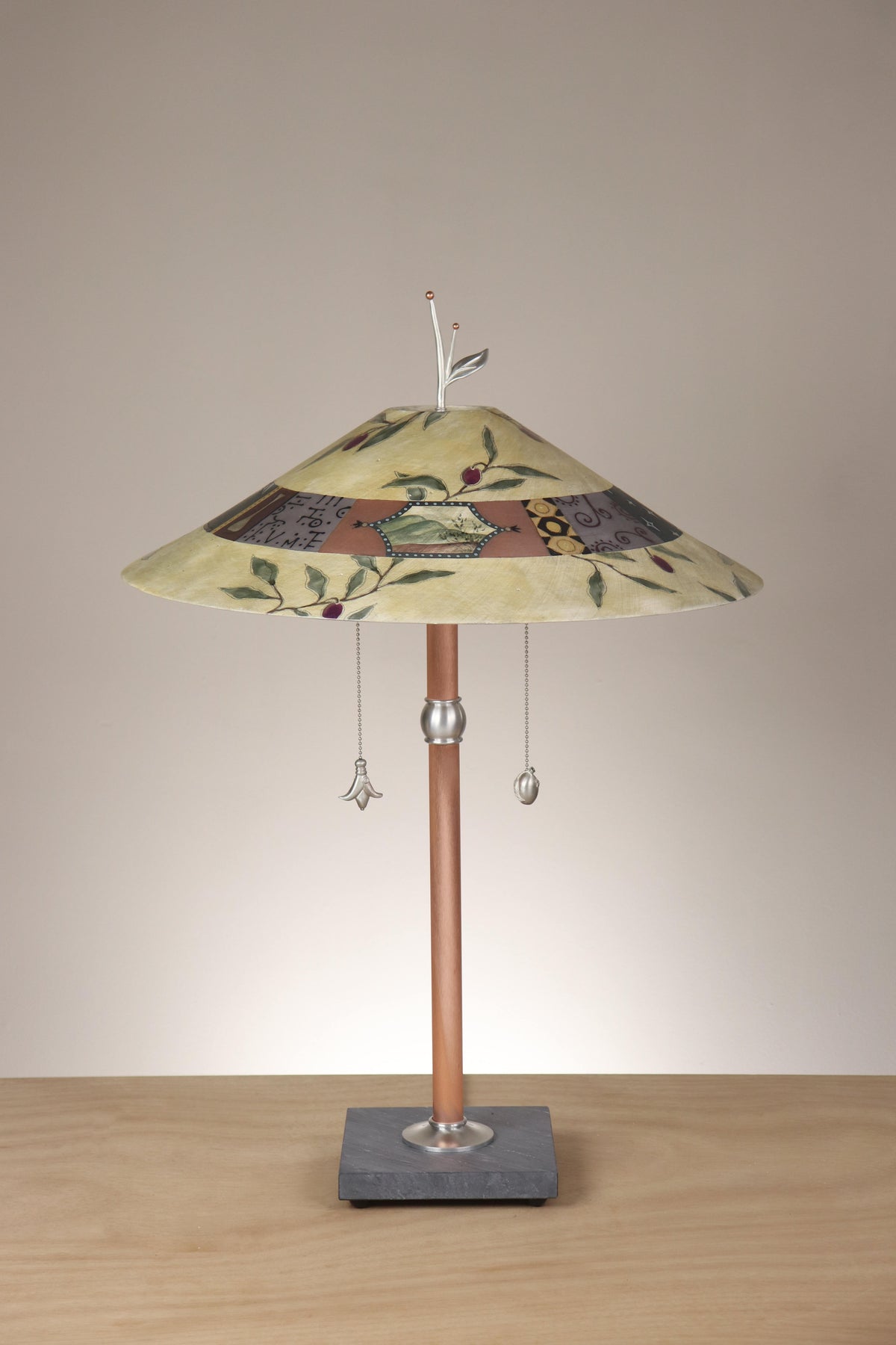 Janna Ugone &amp; Co Table Lamps Copper Table Lamp with Large Wide Conical Ceramic Shade in Olive Branch in Amber