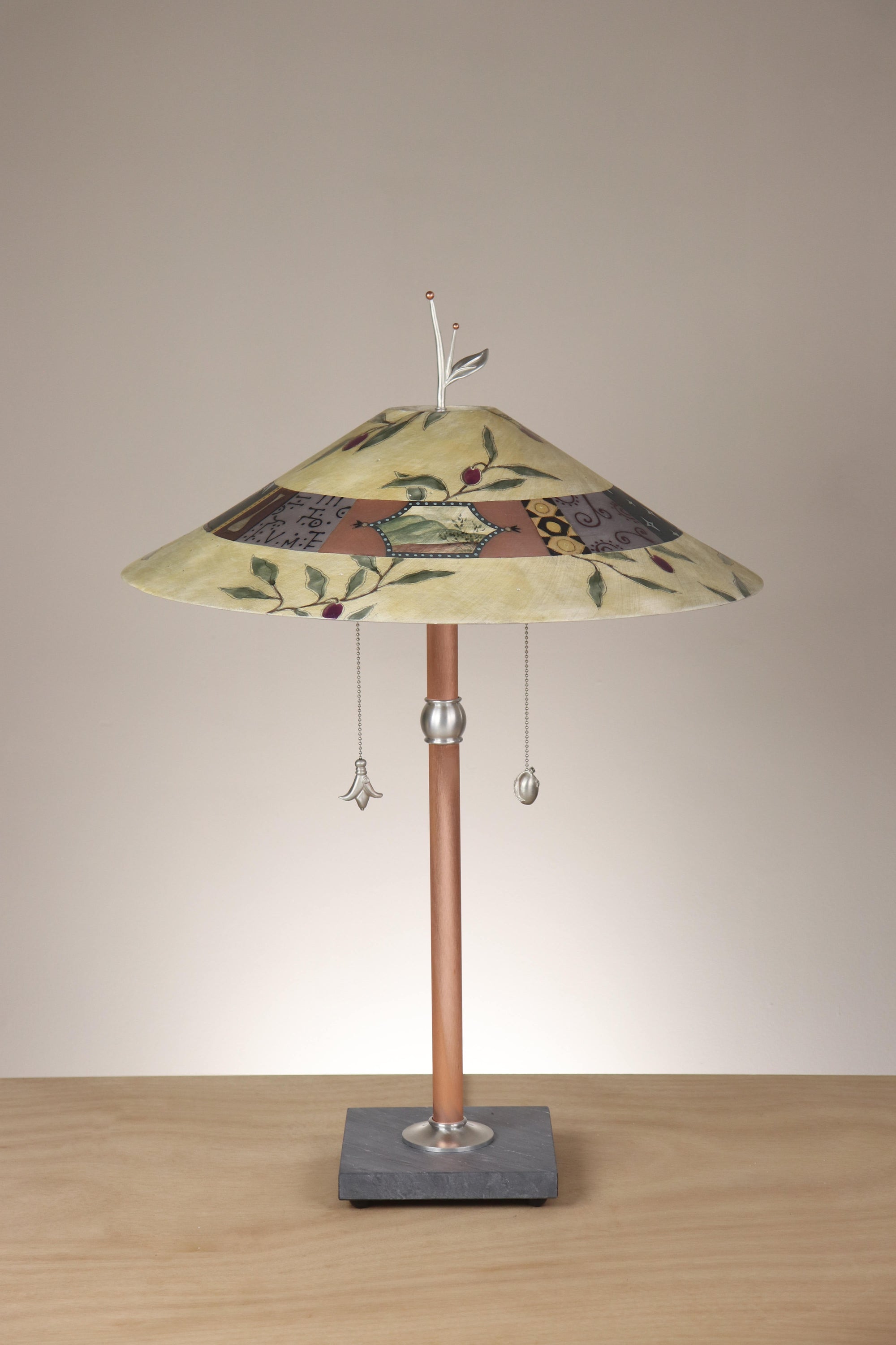 Janna Ugone & Co Table Lamps Copper Table Lamp with Large Wide Conical Ceramic Shade in Olive Branch in Amber