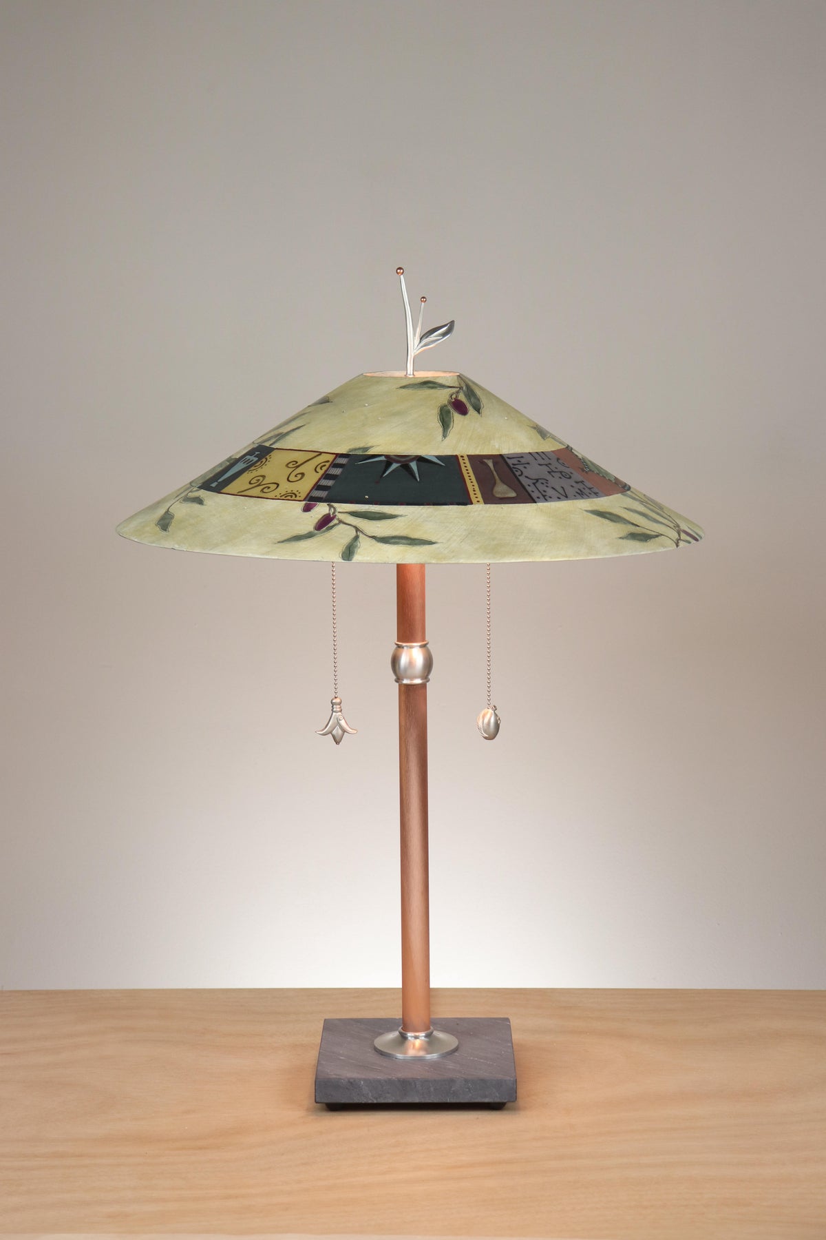 Janna Ugone &amp; Co Table Lamps Copper Table Lamp with Large Wide Conical Ceramic Shade in Olive Branch in Amber