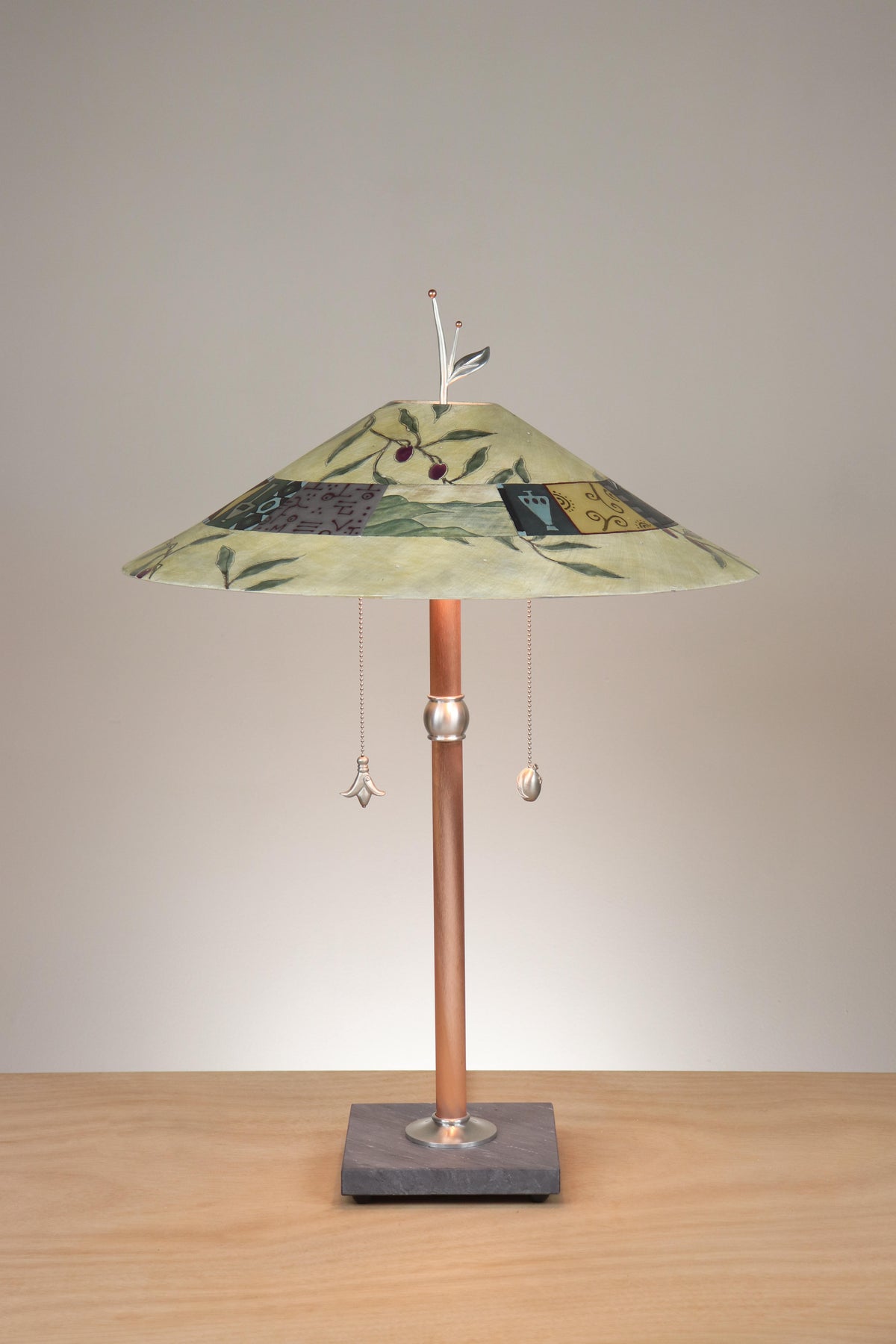 Janna Ugone &amp; Co Table Lamps Copper Table Lamp with Large Wide Conical Ceramic Shade in Olive Branch in Amber