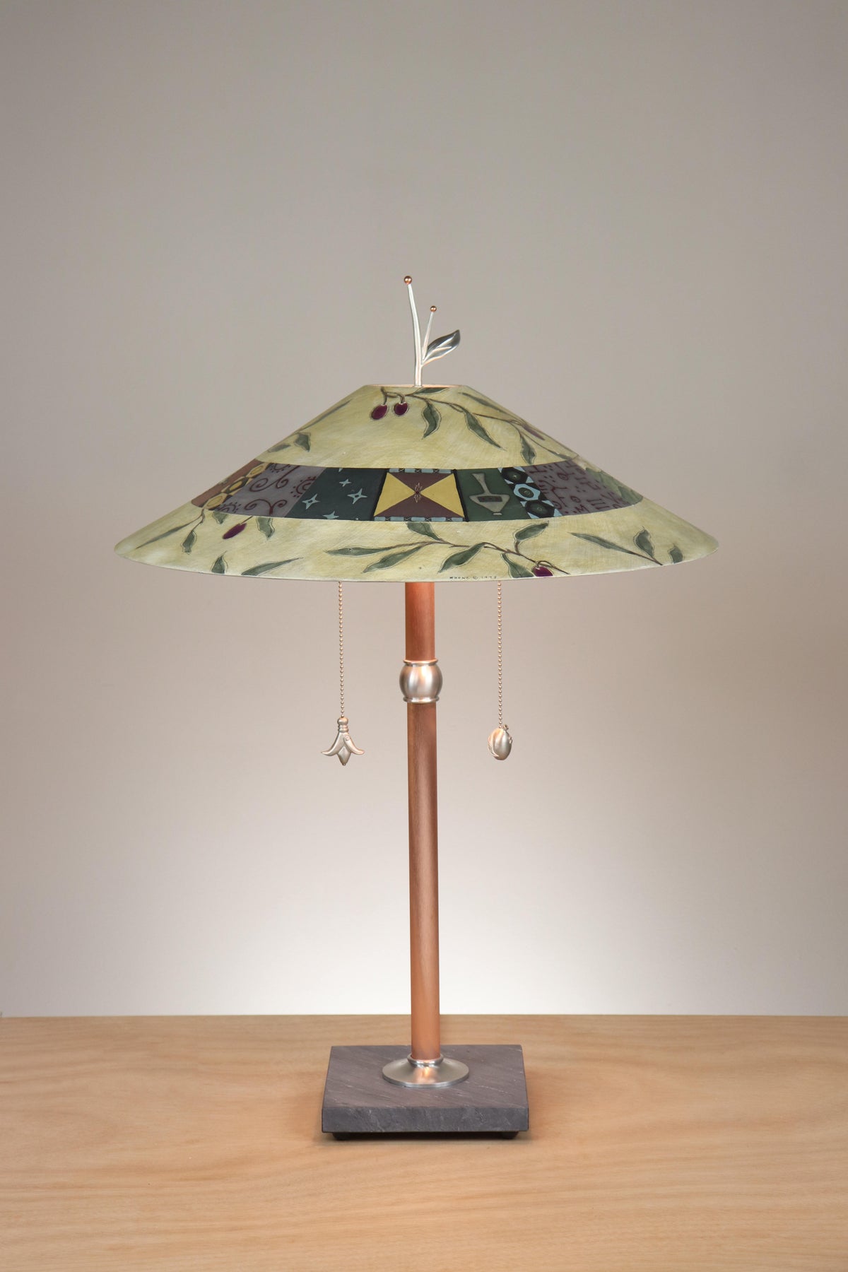 Janna Ugone &amp; Co Table Lamps Copper Table Lamp with Large Wide Conical Ceramic Shade in Olive Branch in Amber