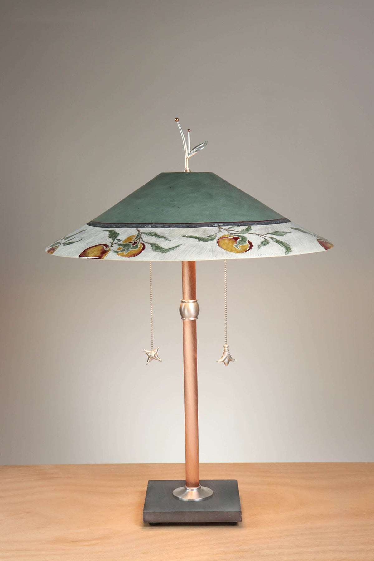 Janna Ugone &amp; Co Table Lamps Copper Table Lamp with Large Wide Conical Ceramic Shade in Peach Border in Sage