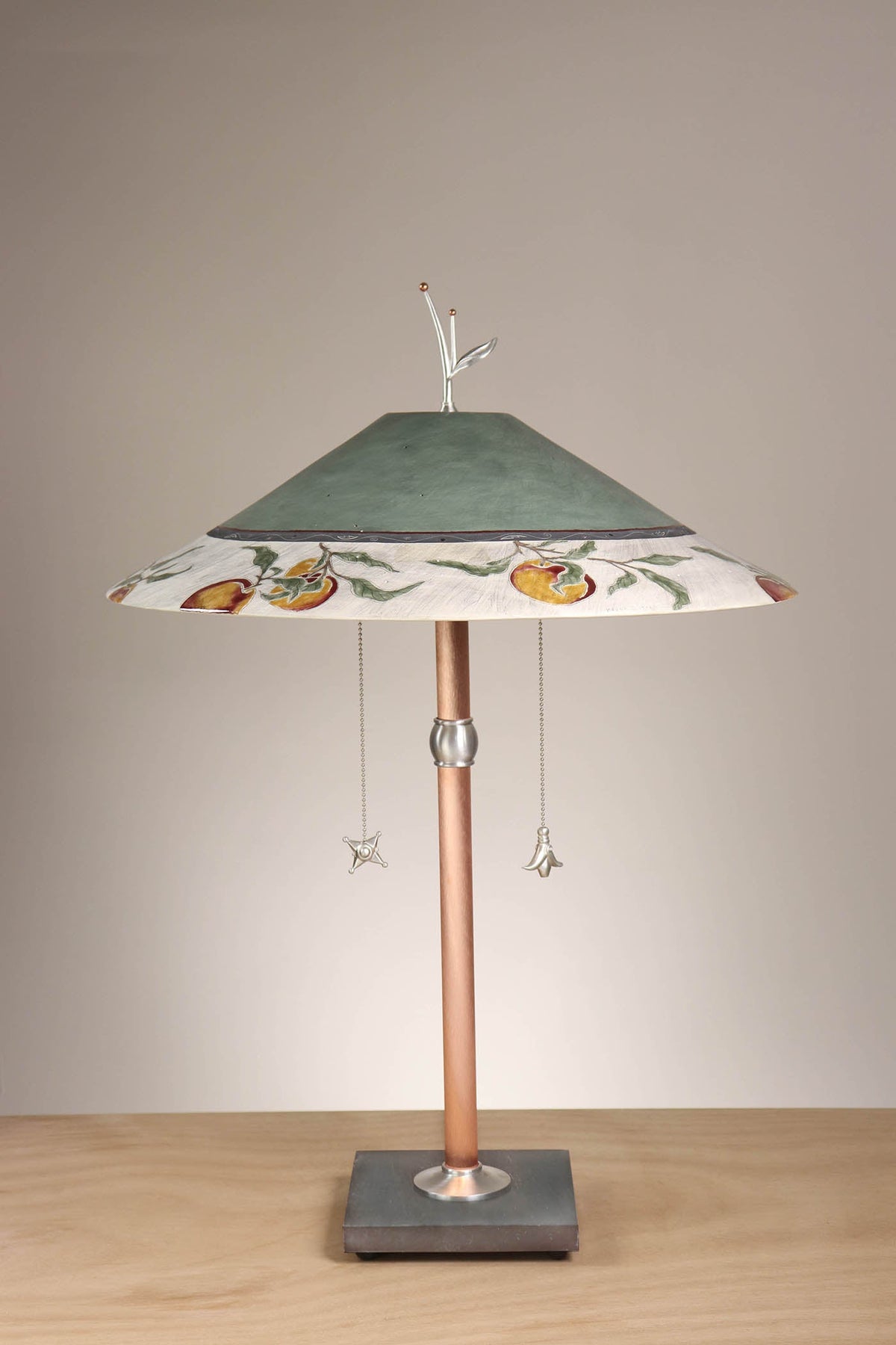 Janna Ugone &amp; Co Table Lamps Copper Table Lamp with Large Wide Conical Ceramic Shade in Peach Border in Sage