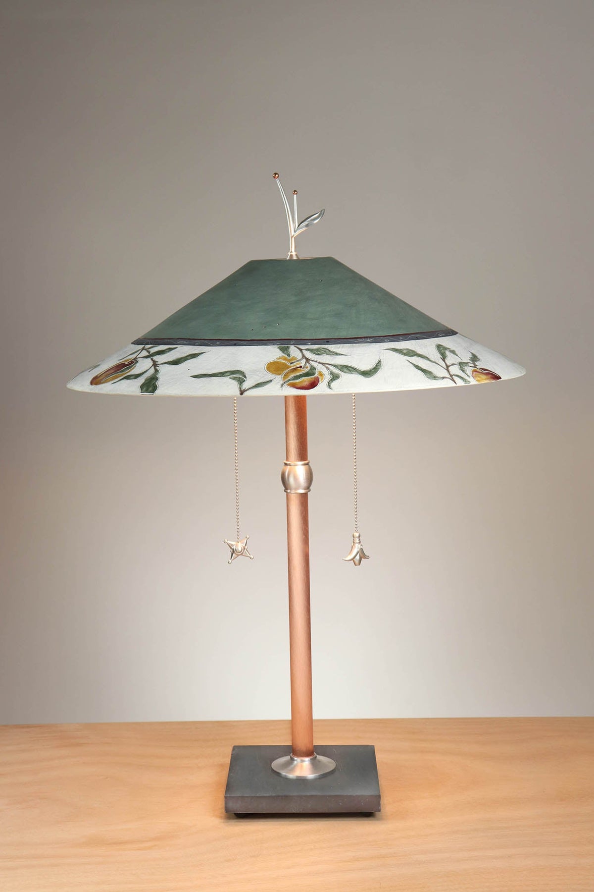 Janna Ugone &amp; Co Table Lamps Copper Table Lamp with Large Wide Conical Ceramic Shade in Peach Border in Sage