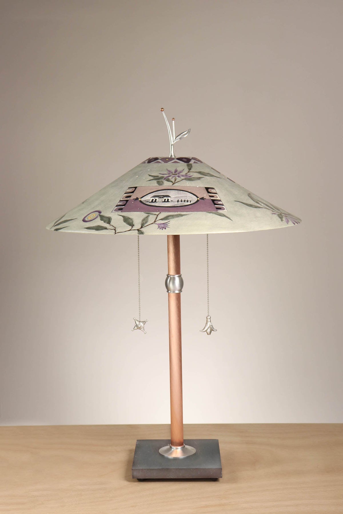 Janna Ugone &amp; Co Table Lamps Copper Table Lamp with Large Wide Conical Ceramic Shade in Photos and Asters in Sage