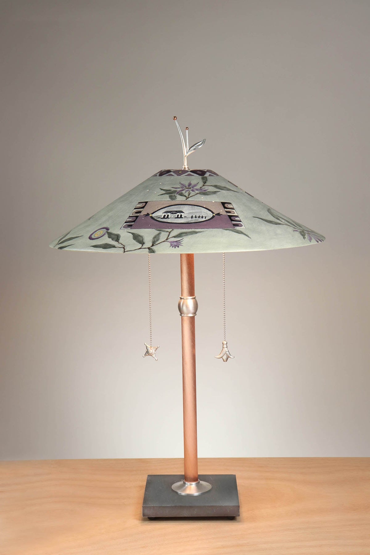 Janna Ugone &amp; Co Table Lamps Copper Table Lamp with Large Wide Conical Ceramic Shade in Photos and Asters in Sage