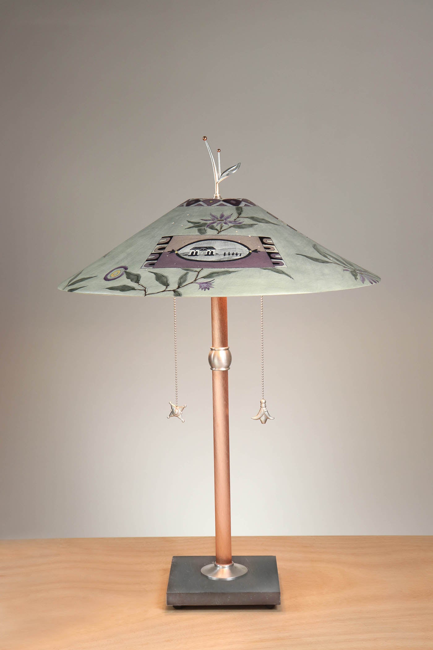 Janna Ugone & Co Table Lamps Copper Table Lamp with Large Wide Conical Ceramic Shade in Photos and Asters in Sage