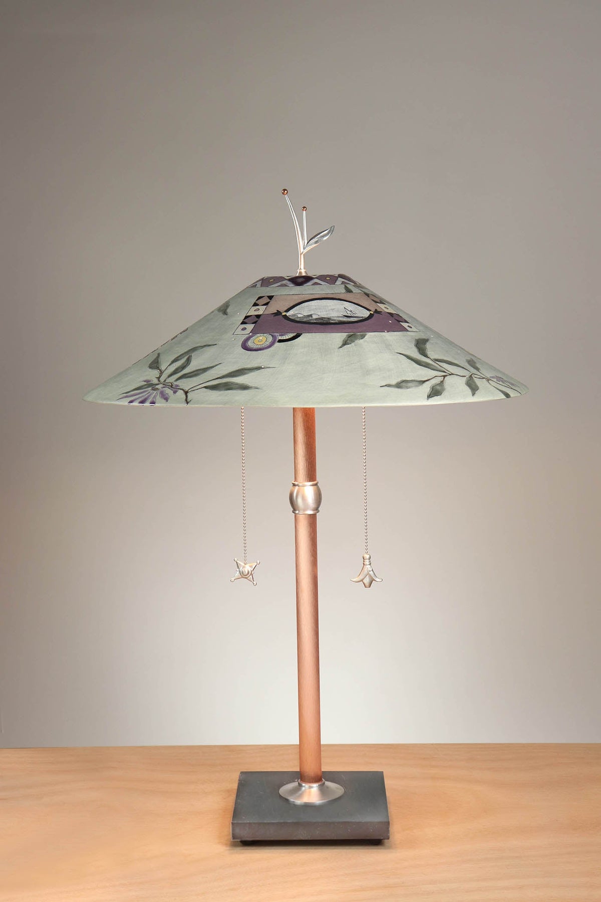 Janna Ugone &amp; Co Table Lamps Copper Table Lamp with Large Wide Conical Ceramic Shade in Photos and Asters in Sage