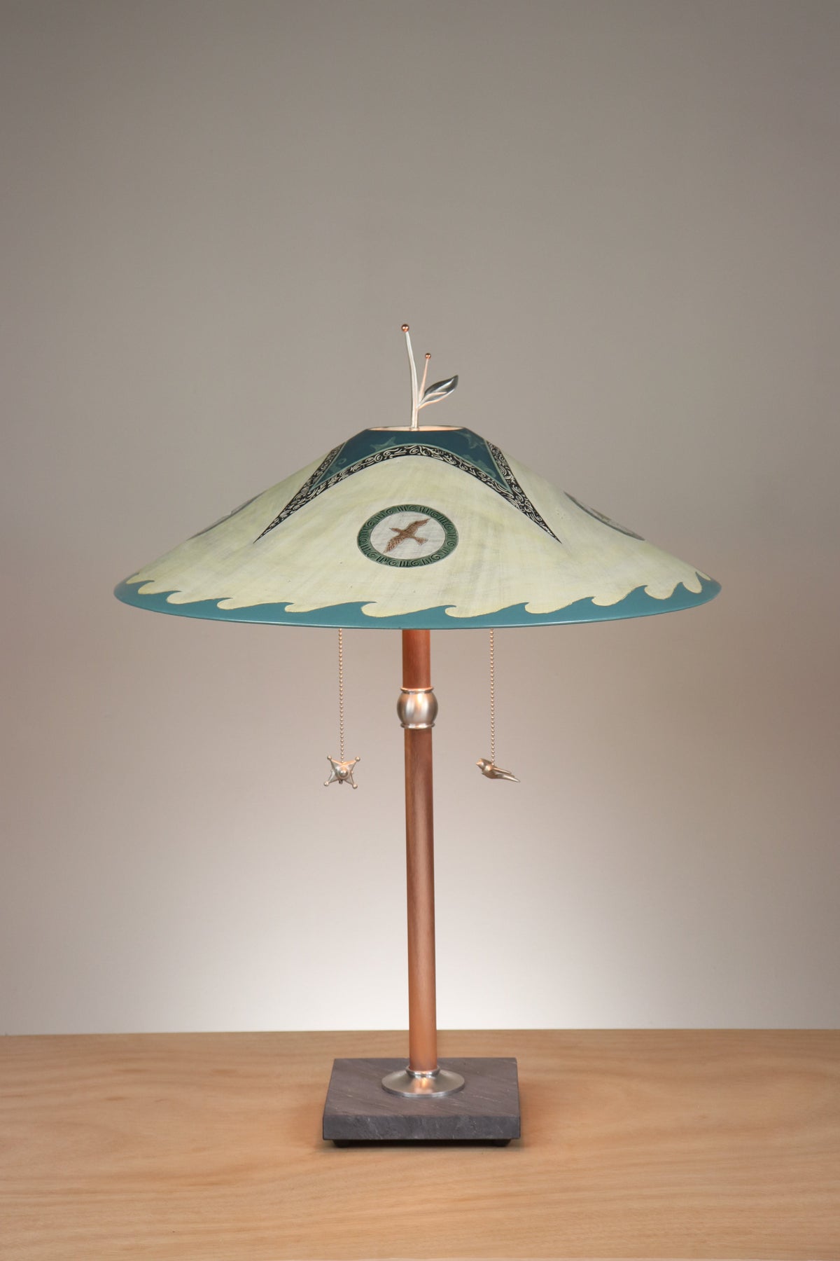 Janna Ugone &amp; Co Table Lamps Copper Table Lamp with Large Wide Conical Ceramic Shade in Seascape