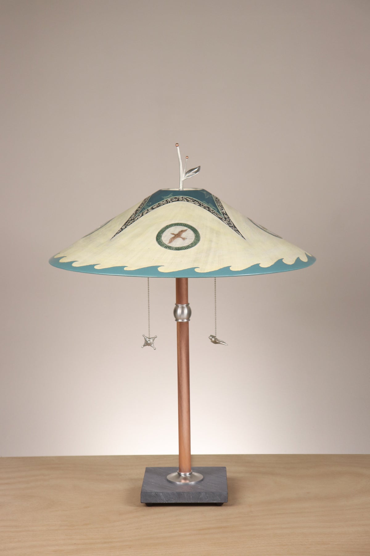 Janna Ugone &amp; Co Table Lamps Copper Table Lamp with Large Wide Conical Ceramic Shade in Seascape