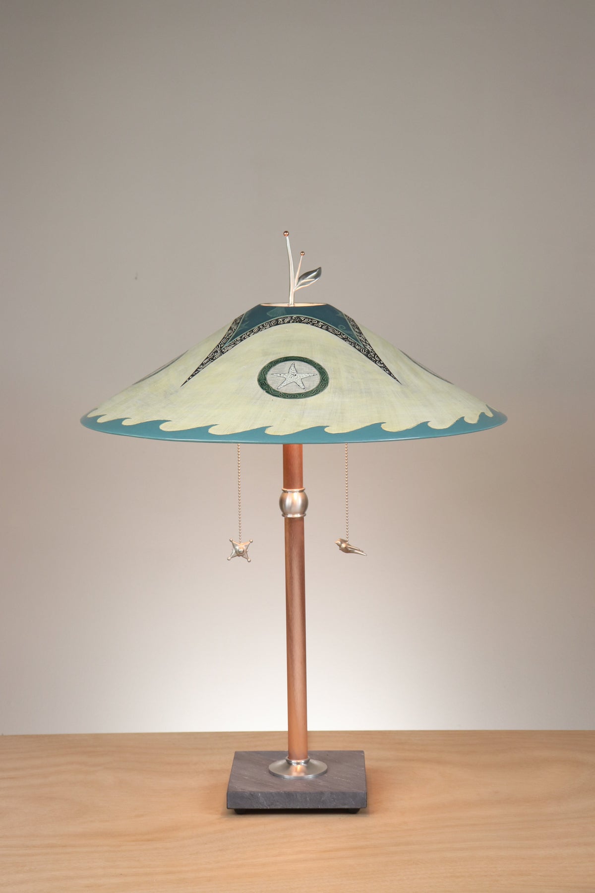 Janna Ugone &amp; Co Table Lamps Copper Table Lamp with Large Wide Conical Ceramic Shade in Seascape