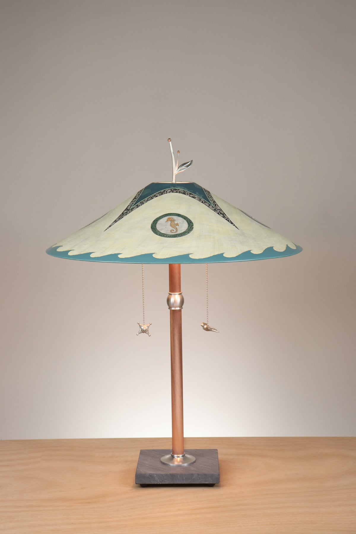 Janna Ugone &amp; Co Table Lamps Copper Table Lamp with Large Wide Conical Ceramic Shade in Seascape