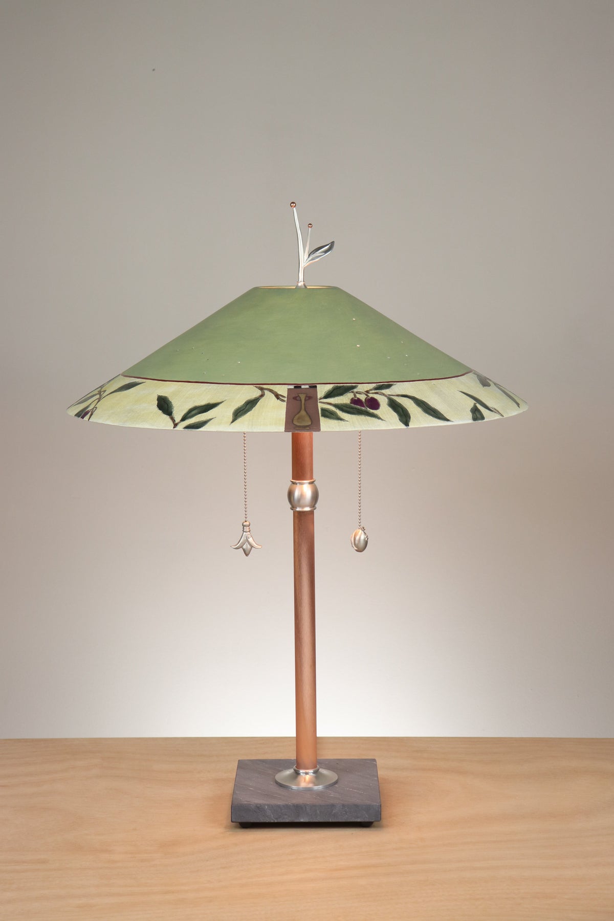 Janna Ugone &amp; Co Table Lamps Copper Table Lamp with Large Wide Conical Ceramic Shade in Tuscan Apple