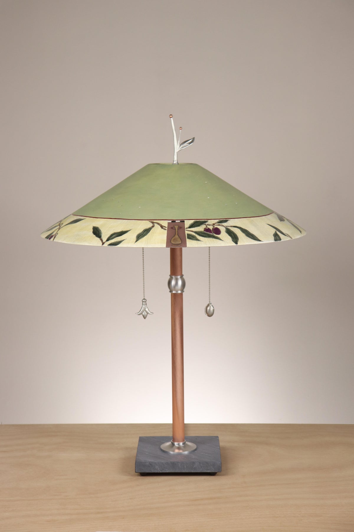 Janna Ugone &amp; Co Table Lamps Copper Table Lamp with Large Wide Conical Ceramic Shade in Tuscan Apple