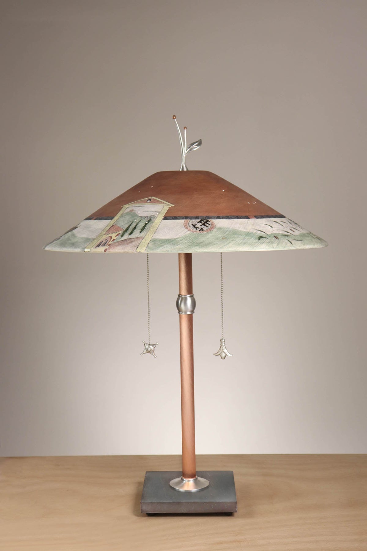 Janna Ugone &amp; Co Table Lamps Copper Table Lamp with Large Wide Conical Ceramic Shade in Tuscany Border in Rust