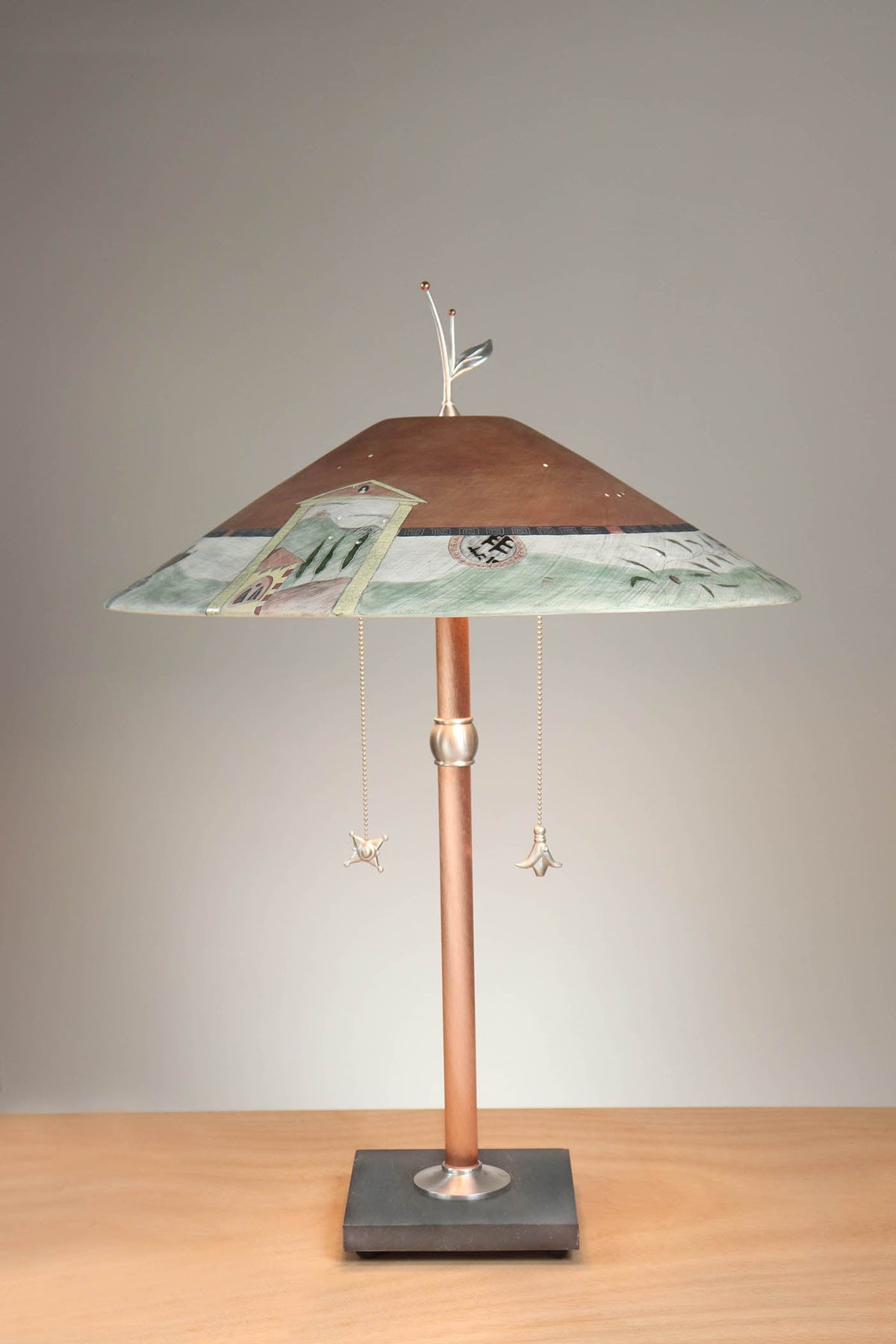 Janna Ugone &amp; Co Table Lamps Copper Table Lamp with Large Wide Conical Ceramic Shade in Tuscany Border in Rust