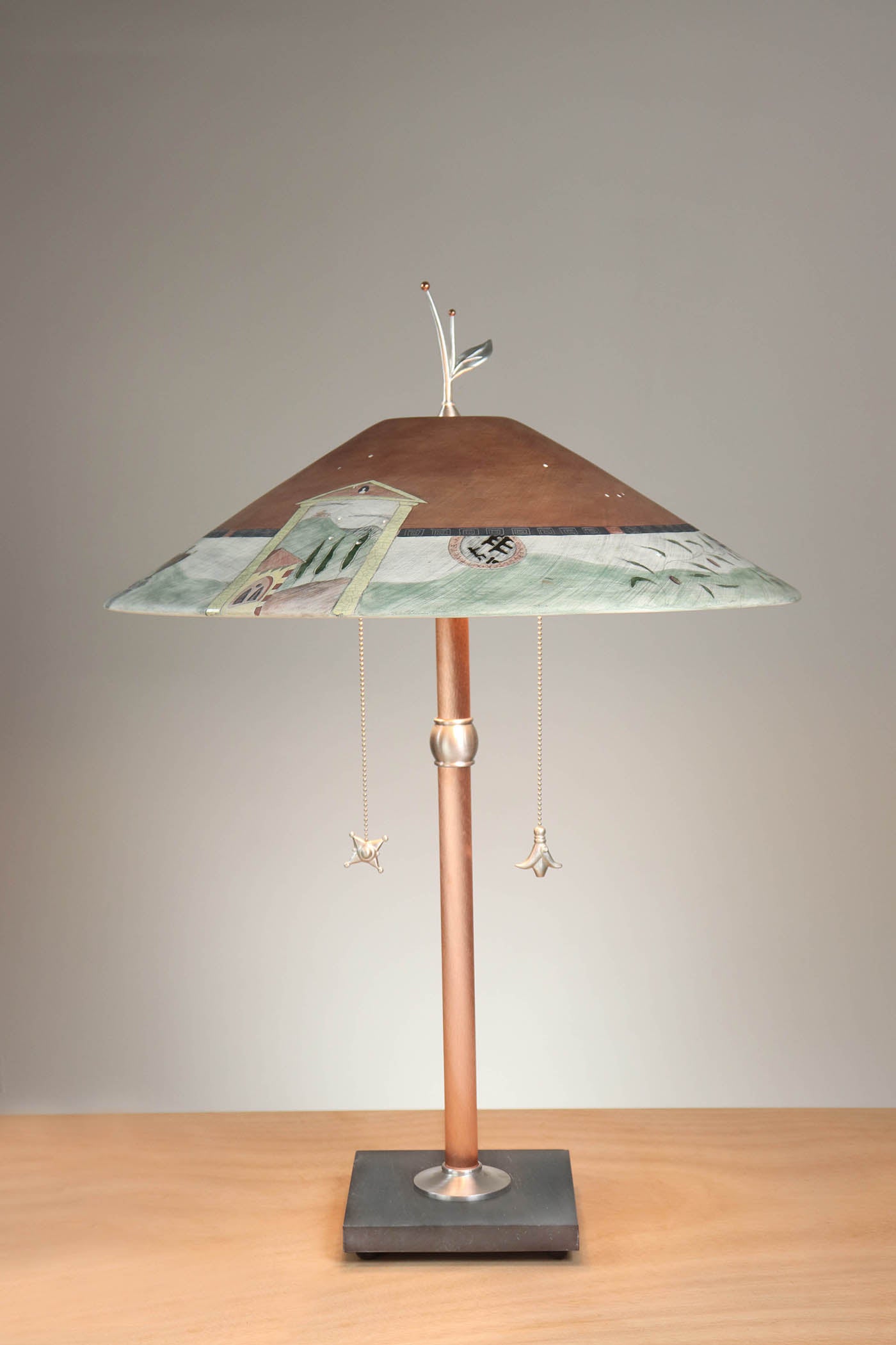 Janna Ugone & Co Table Lamps Copper Table Lamp with Large Wide Conical Ceramic Shade in Tuscany Border in Rust