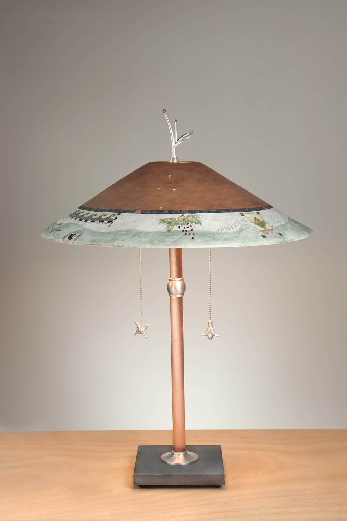 Janna Ugone &amp; Co Table Lamps Copper Table Lamp with Large Wide Conical Ceramic Shade in Tuscany Border in Rust