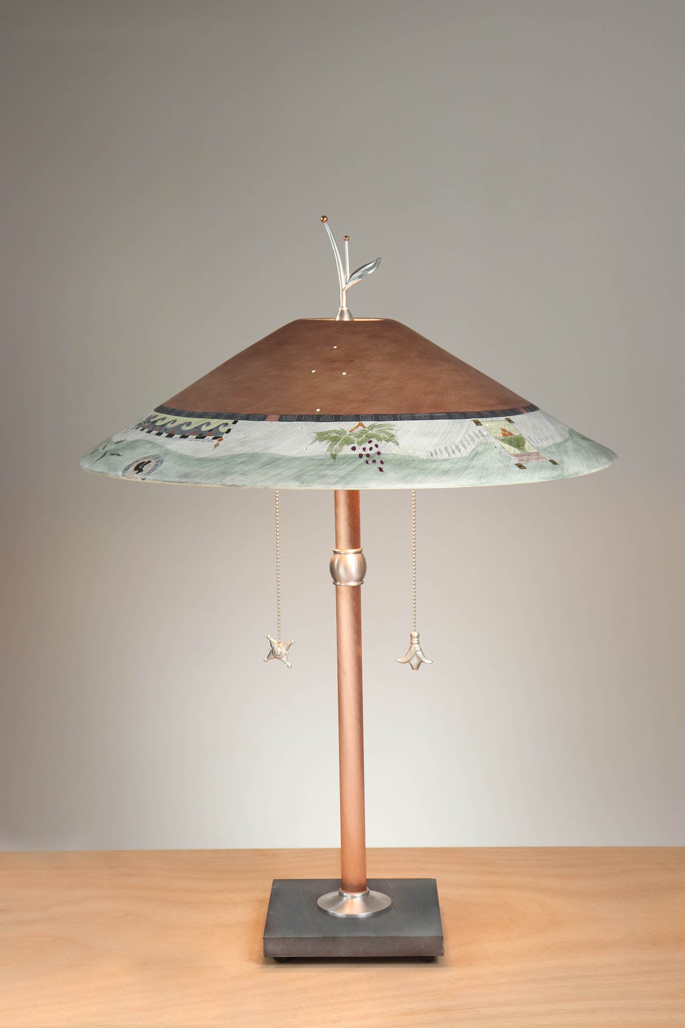 Janna Ugone & Co Table Lamps Copper Table Lamp with Large Wide Conical Ceramic Shade in Tuscany Border in Rust