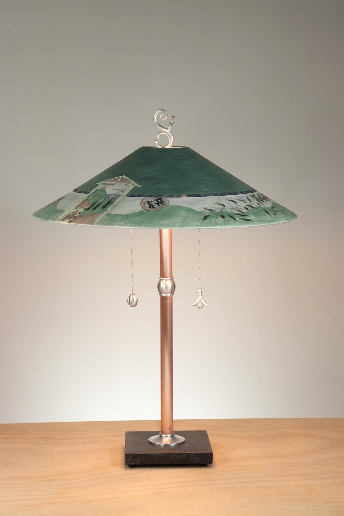 Janna Ugone &amp; Co Table Lamps Copper Table Lamp with Large Wide Conical Ceramic Shade in Tuscany in Hunter
