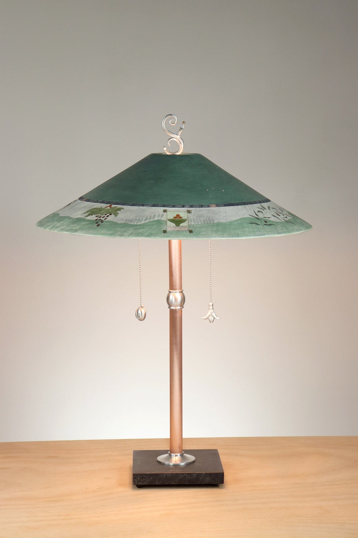 Janna Ugone &amp; Co Table Lamps Copper Table Lamp with Large Wide Conical Ceramic Shade in Tuscany in Hunter