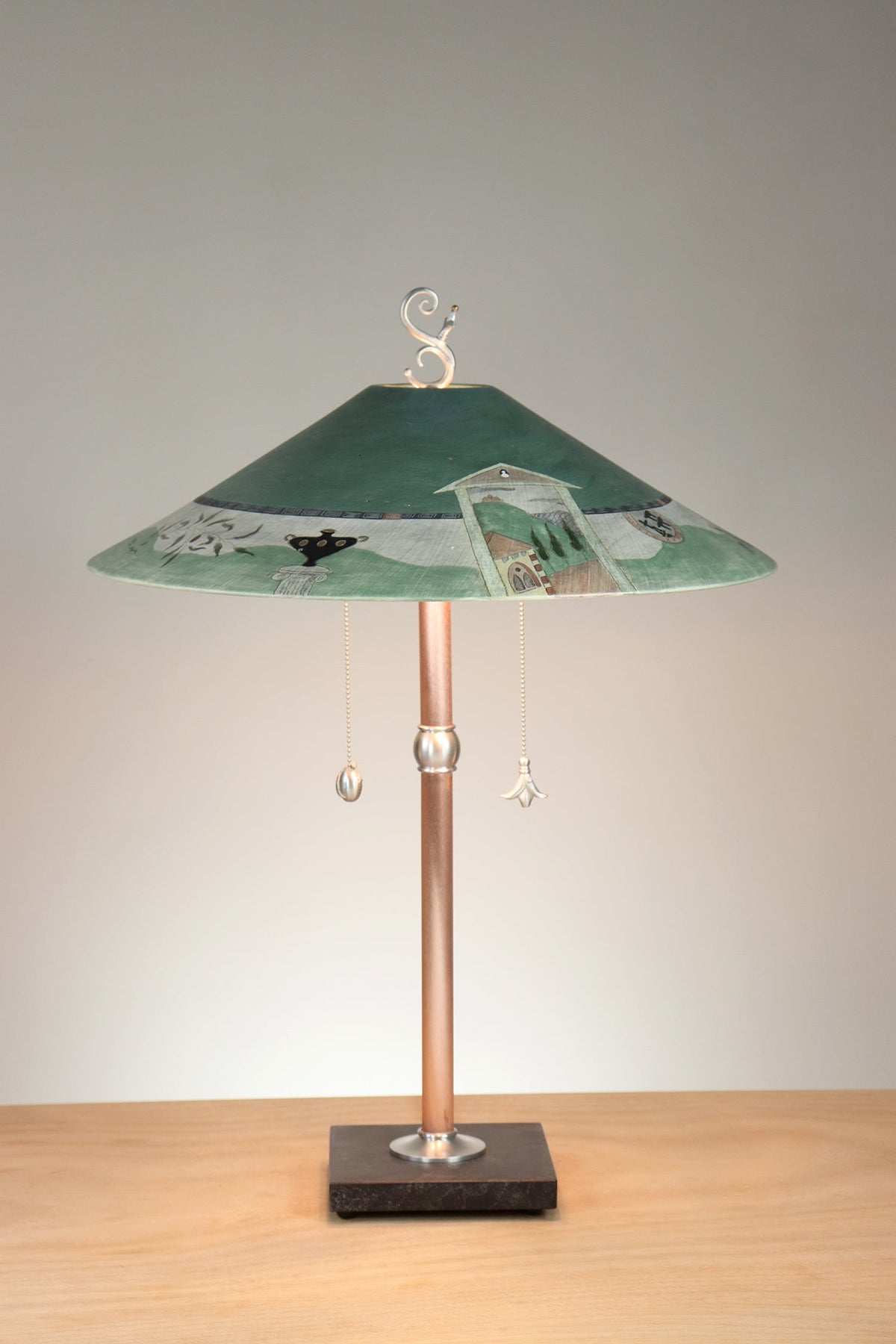 Janna Ugone &amp; Co Table Lamps Copper Table Lamp with Large Wide Conical Ceramic Shade in Tuscany in Hunter