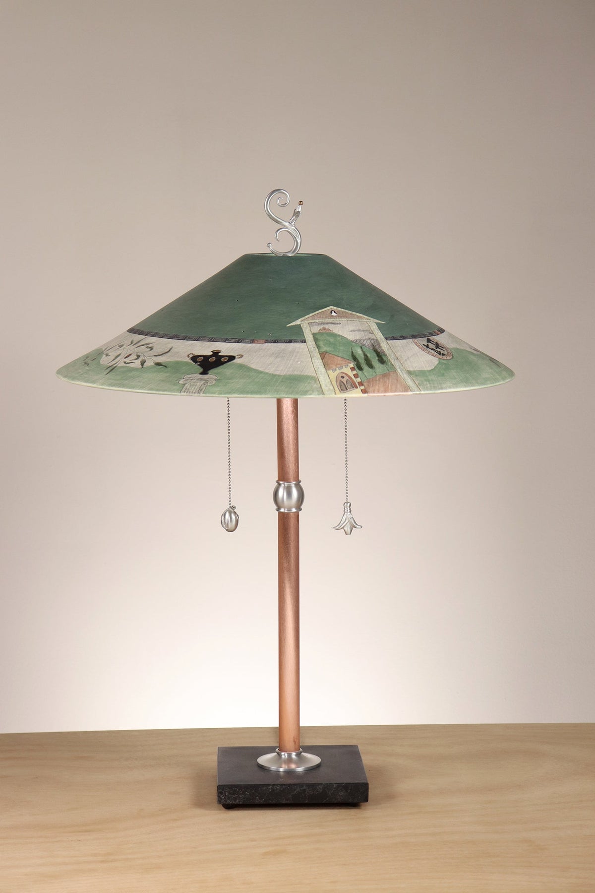 Janna Ugone &amp; Co Table Lamps Copper Table Lamp with Large Wide Conical Ceramic Shade in Tuscany in Hunter