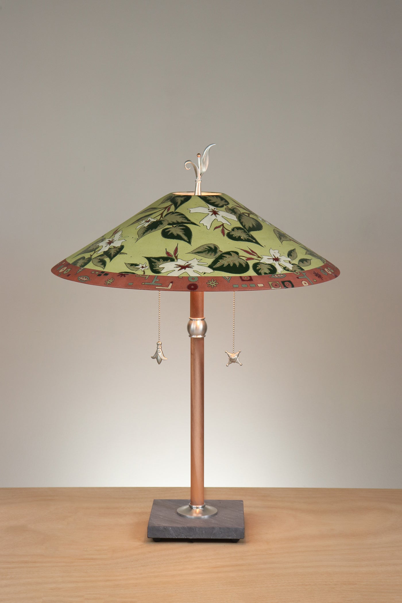 Janna Ugone & Co Table Lamps Copper Table Lamp with Large Wide Conical Ceramic Shade in Vintage Floral