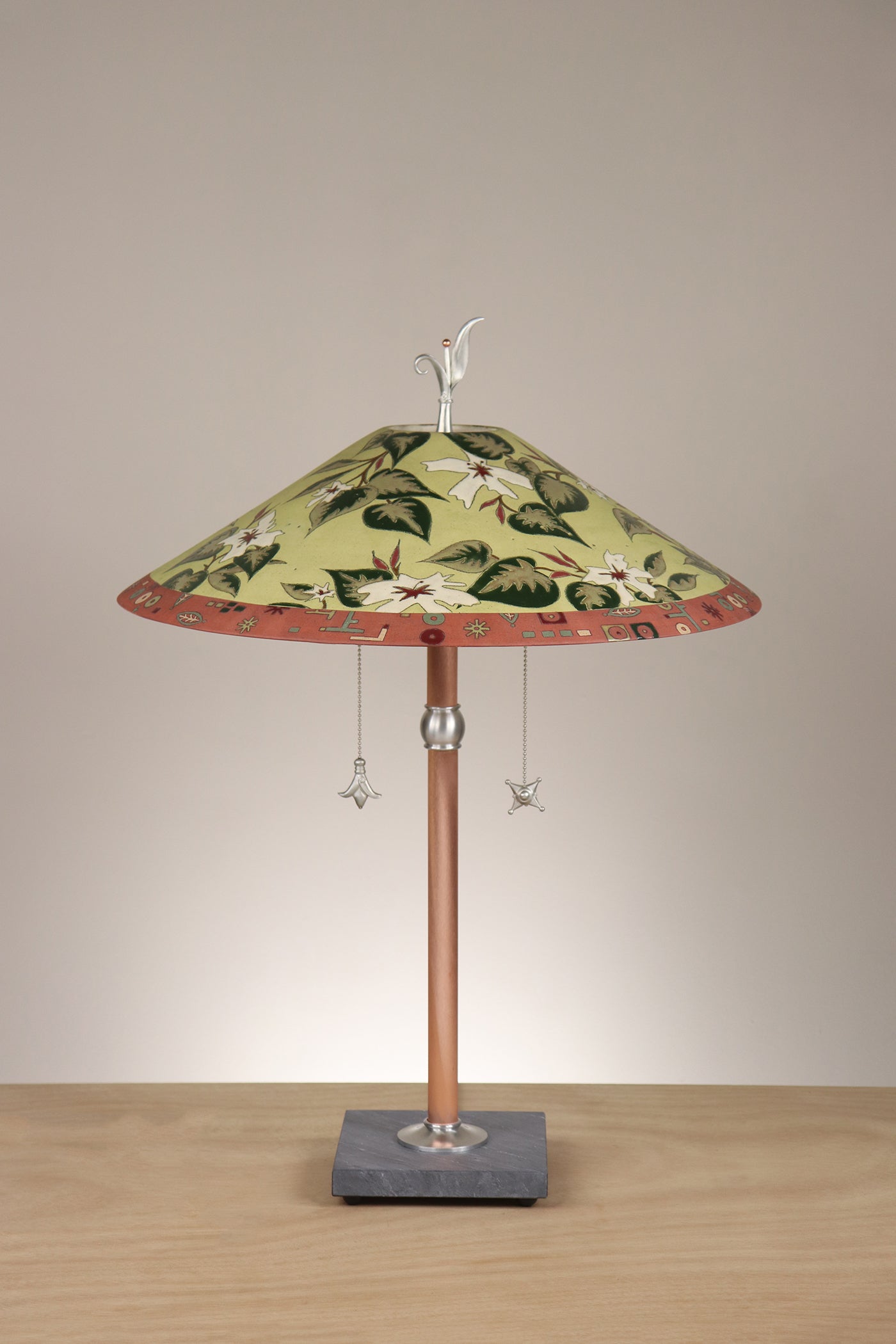Janna Ugone & Co Table Lamps Copper Table Lamp with Large Wide Conical Ceramic Shade in Vintage Floral
