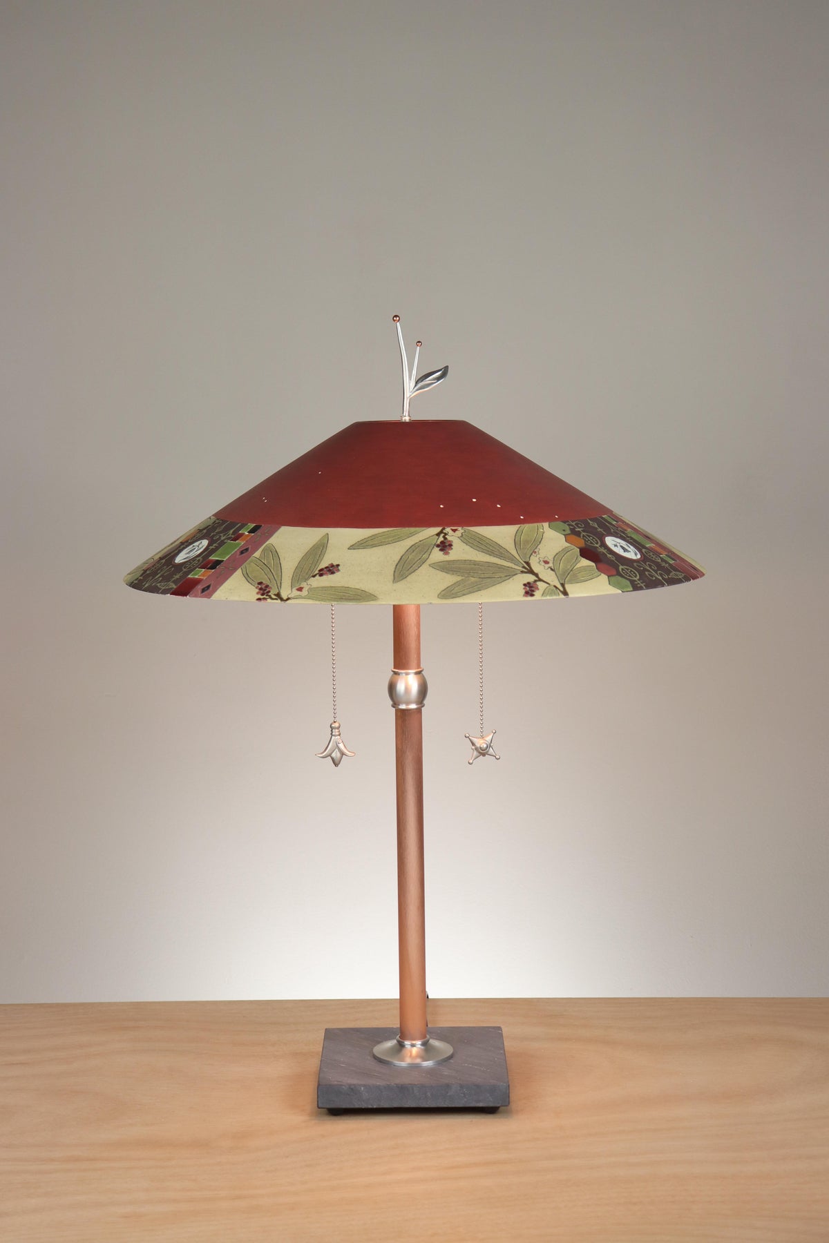 Janna Ugone &amp; Co Table Lamps Copper Table Lamp with Large Wide Conical Ceramic Shade in Woodland Border in Redwood