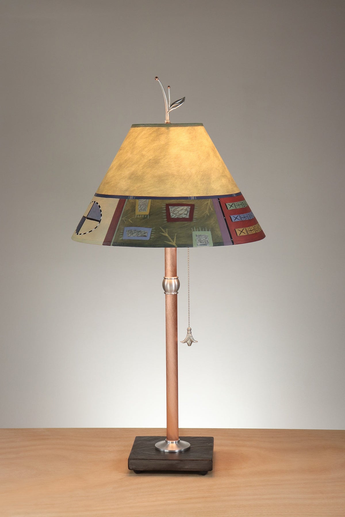 Janna Ugone &amp; Co Table Lamp Copper Table Lamp with Medium Conical Shade in Barcelona Border in Dusty Lime