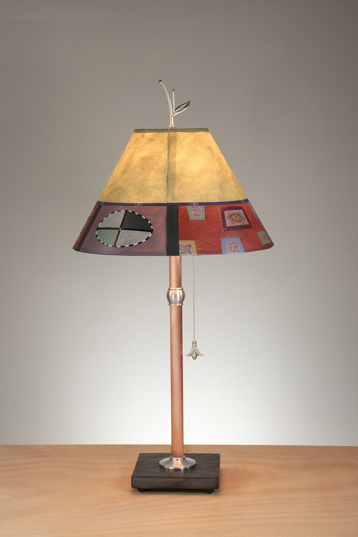 Janna Ugone &amp; Co Table Lamp Copper Table Lamp with Medium Conical Shade in Barcelona Border in Dusty Lime