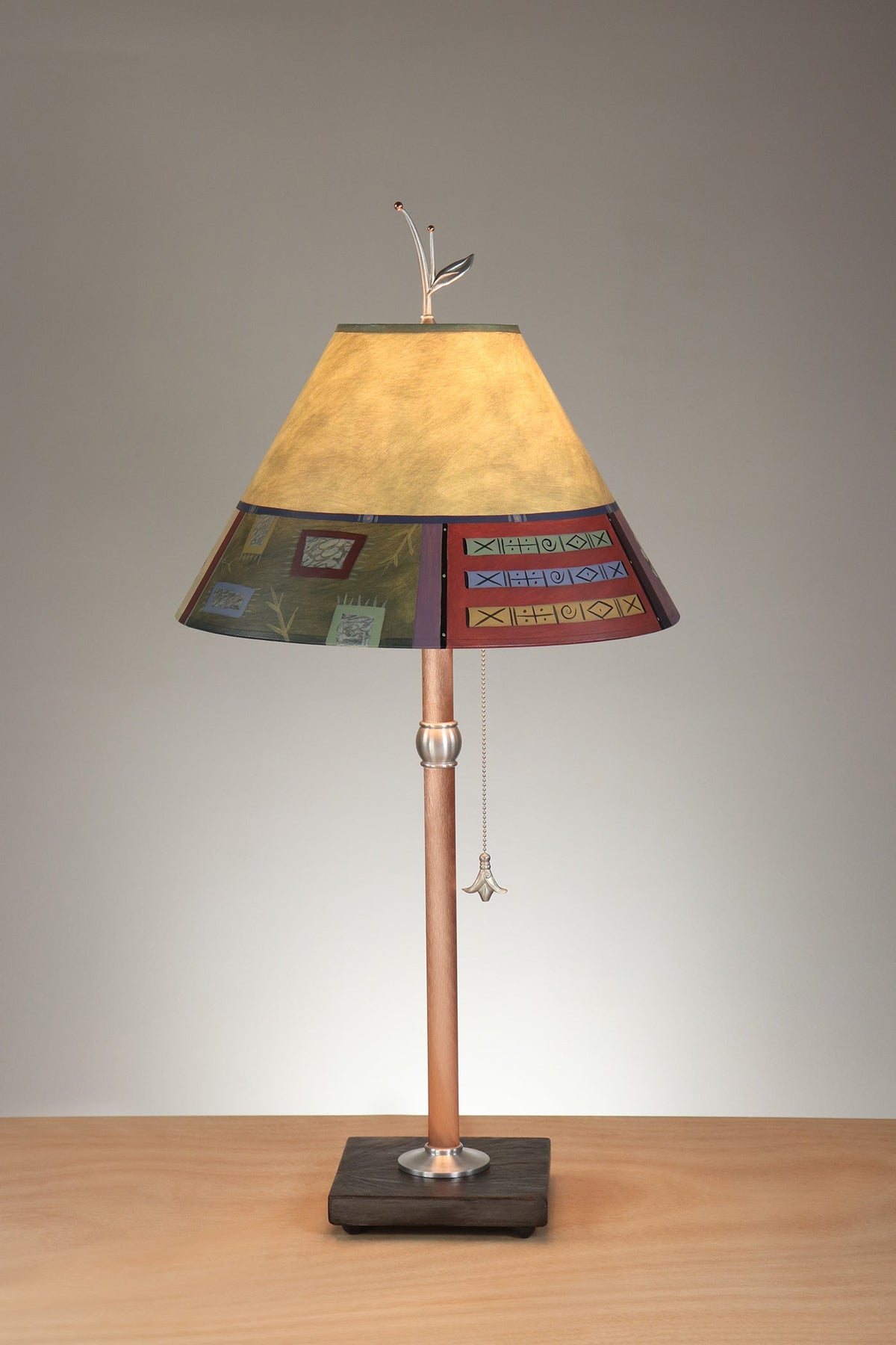 Janna Ugone &amp; Co Table Lamp Copper Table Lamp with Medium Conical Shade in Barcelona Border in Dusty Lime