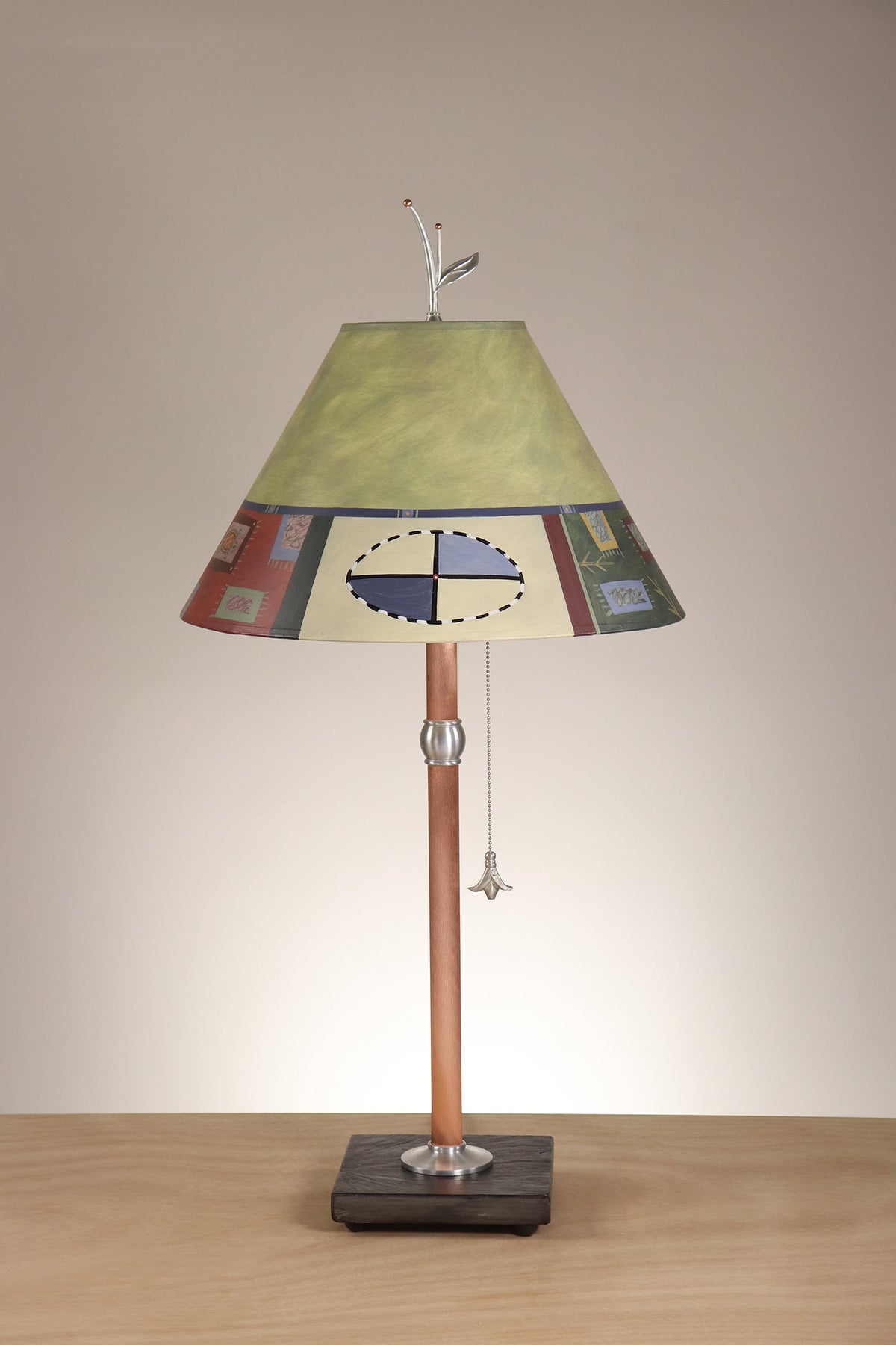 Janna Ugone &amp; Co Table Lamp Copper Table Lamp with Medium Conical Shade in Barcelona Border in Dusty Lime