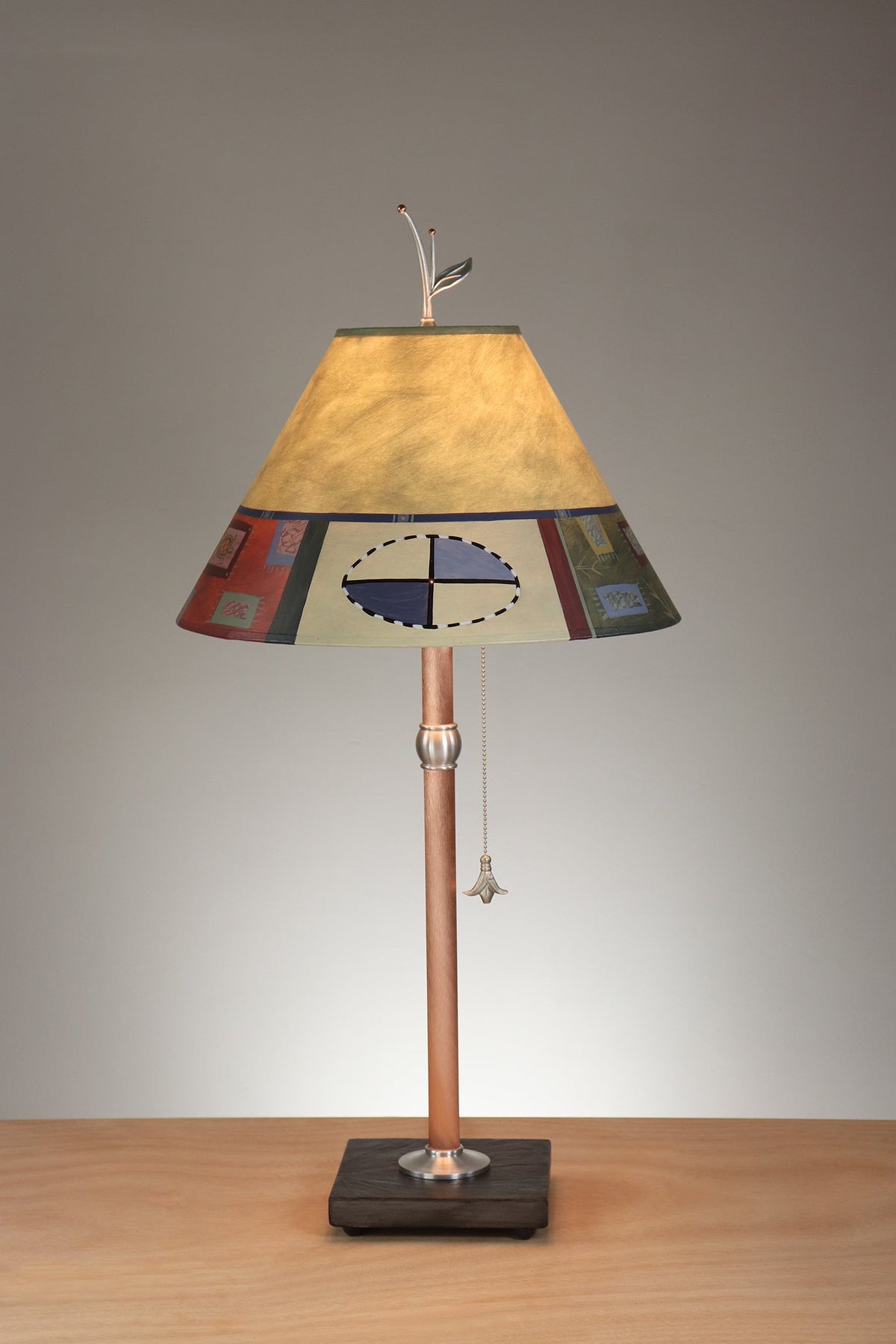 Janna Ugone &amp; Co Table Lamp Copper Table Lamp with Medium Conical Shade in Barcelona Border in Dusty Lime